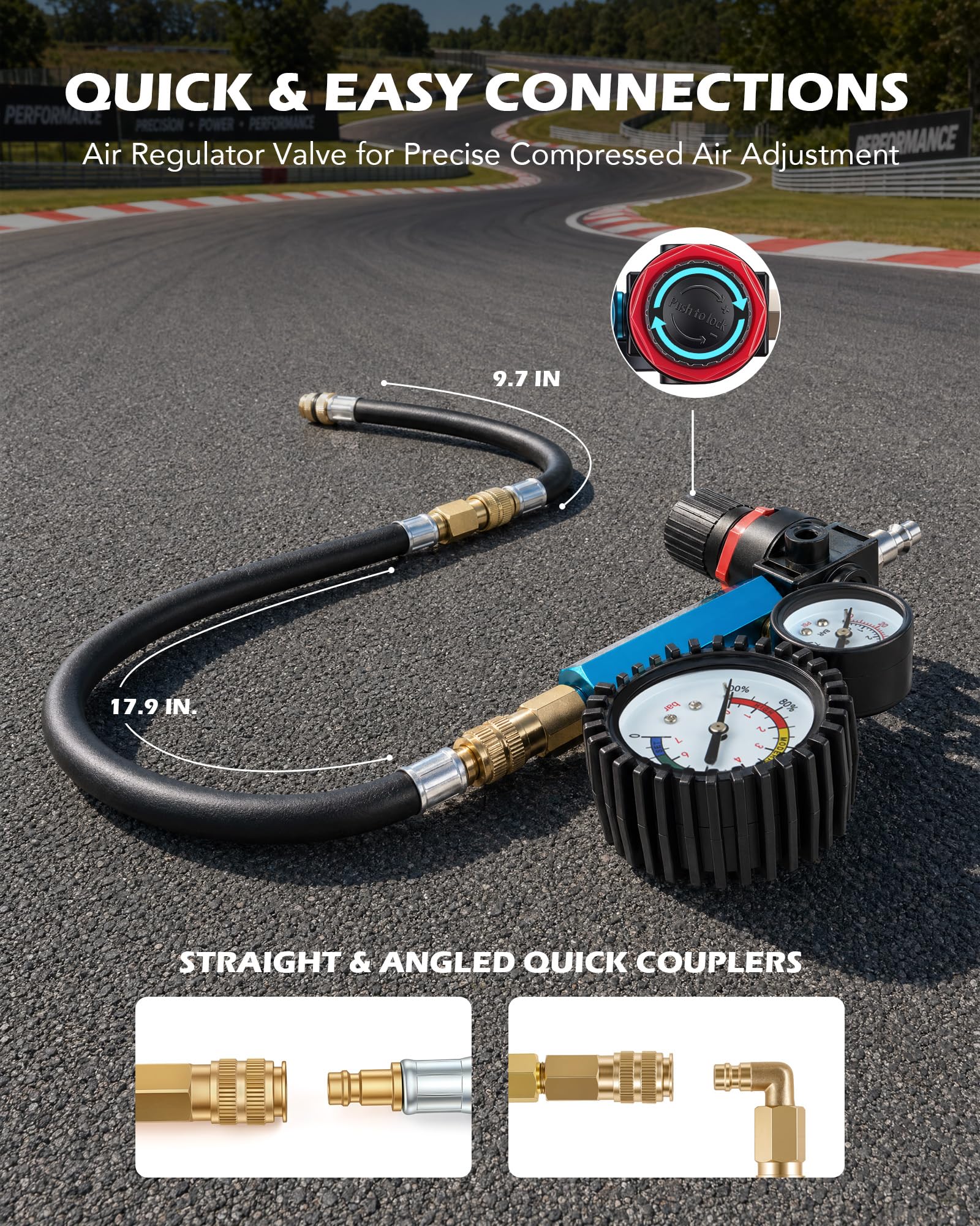 Orion Motor Tech Tester Compressione Motore 51-PZ. Kit di Prova Perdite Cilindri con Doppio Manometro Adattatori Tubi Flessibili e Attacchi Rapidi per Motori Benzina Diesel HDi TDCi e PD