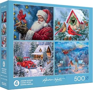 Vacaciones e invierno: paquete de 4 rompecabezas de 500 piezas para adultos | Arte de Abraham Hunter, hecho en EE. UU., tabla reciclada, tamaño acabado de 26,25 x 19,75 pulgadas, incluye póster, arte enmarcable, regalo