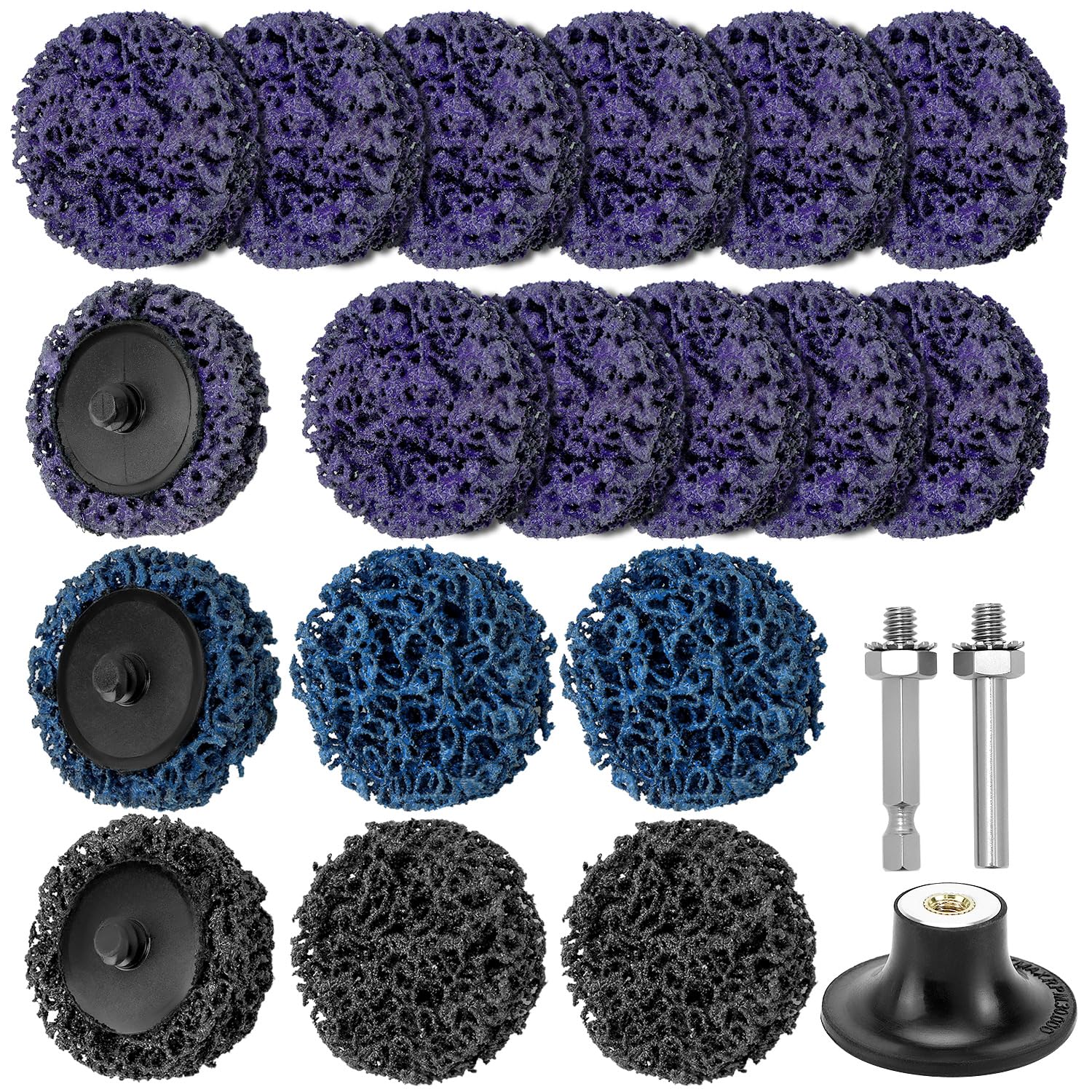 Produktbild von CSD Schleifscheiben-Set 24-teilig – 50mm Grobreinigungsscheiben, Nylongewebe, Für Winkelschleifer, Lackentfernen, Rosten & Polieren – Lila, Schwarz, Blau