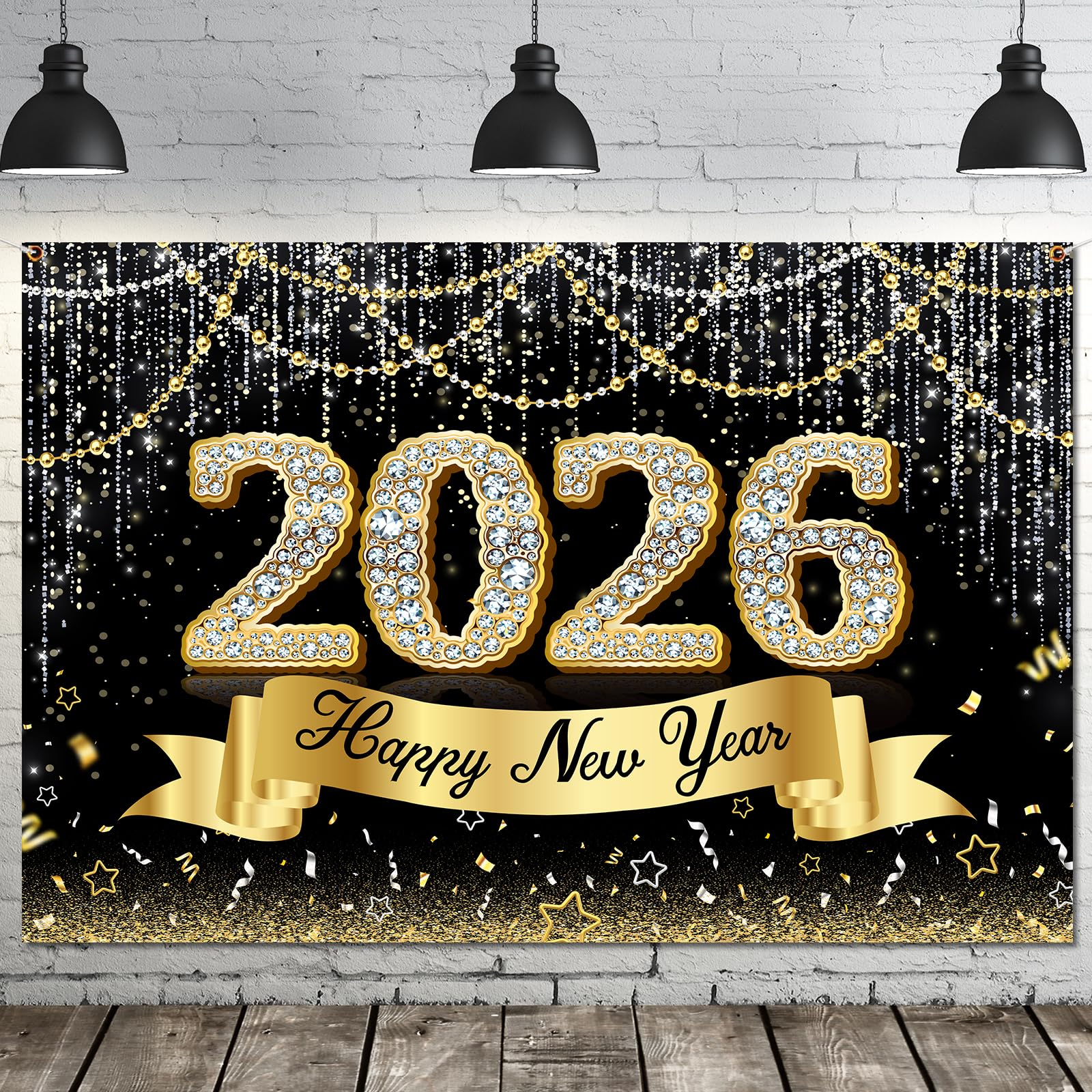 Happy New Year Decorations 2026 Banner, Black and Gold New Years Backdrop 2026 for New Years Eve Party Supplies 2026