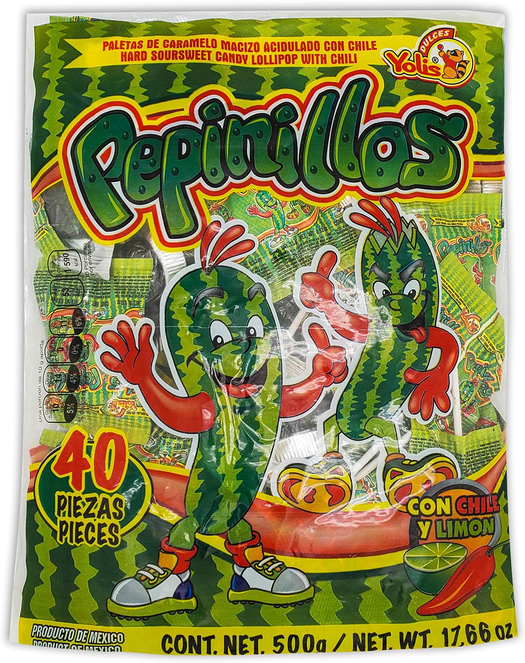 Yolis Pepinillos Chili infused Cucumber Pops 40 pieces (560 grams/ 19.7oz) original Intense hot Flavored Lollipops rebanaditas super spicy intense tasty mexican candy snacks pepino con chile paletas