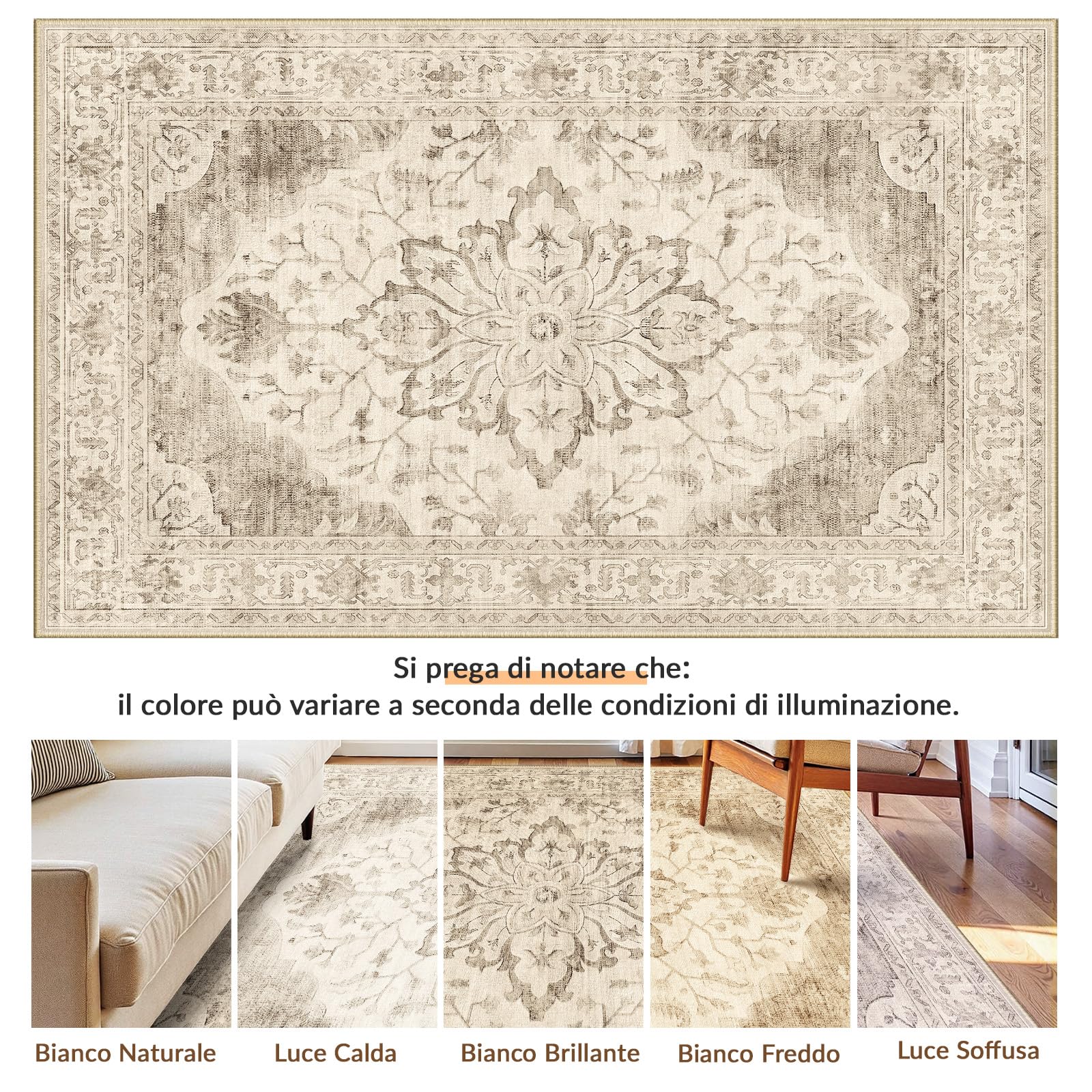 INOVADAY Vintage Tappeto 180x270 cm Tappeti Beige Chiaro | Tappeto Salotto, Tappeto Camera da letto, Lavabile in Lavatrice, Sala da pranzo, Cucina, Morbida, Slavata, Stampato, OEKO