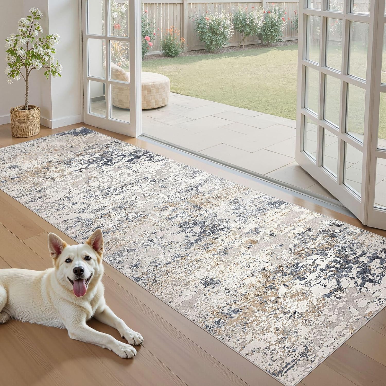 Washable Runner Rug for Hallway: 3x8 Neutral Modern Abstract Low Pile Area Rug with Non-Slip Backing - Carpet for Bedroom Kitchen Laundry Entryway Bathroom Indoor - Beige Blue