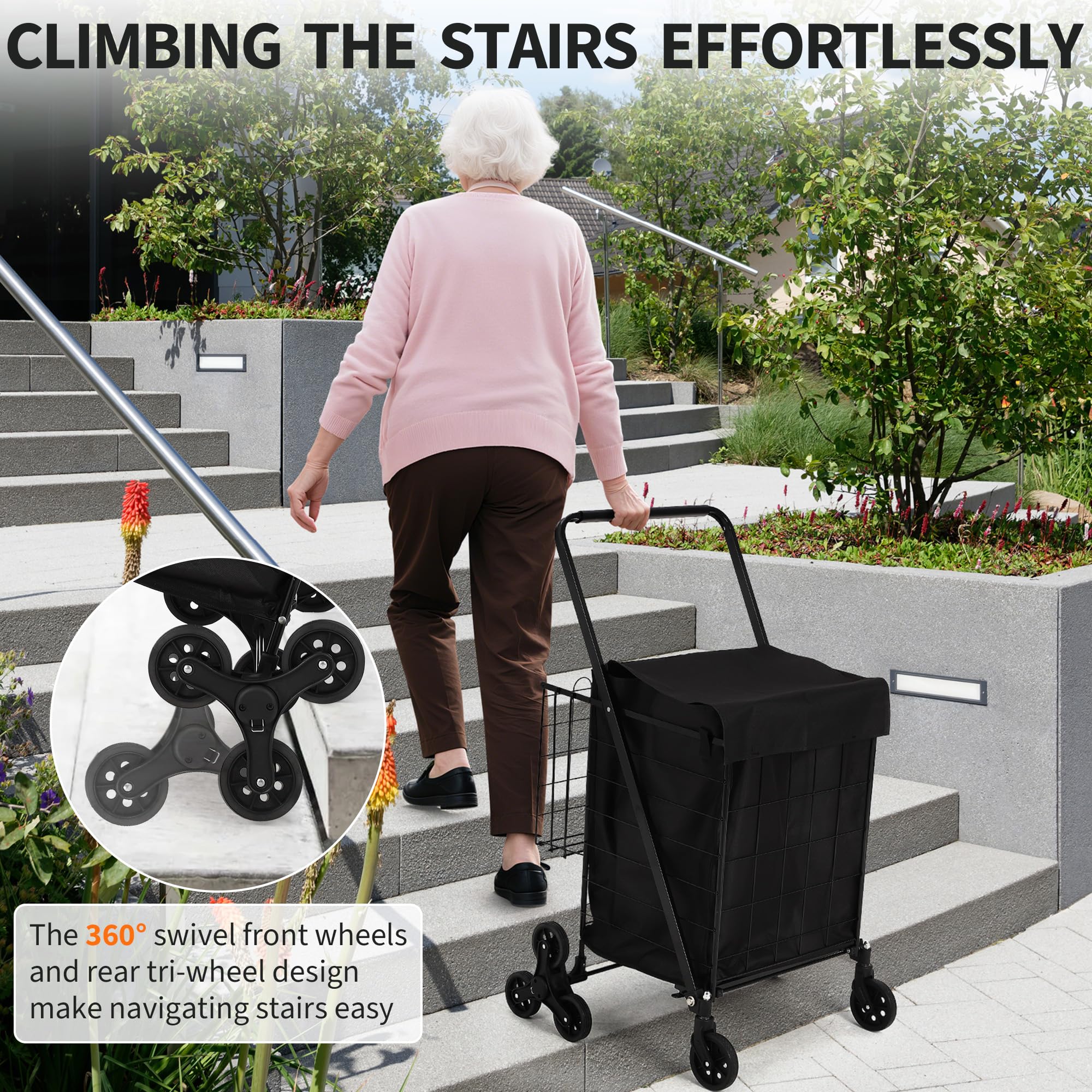 Carrello della spesa, carrello della spesa per salire le scale rivestimento impermeabile e ruote girevoli a 360°, carrello della spesa pieghevole portatile lavanderia, bagagli, campeggio