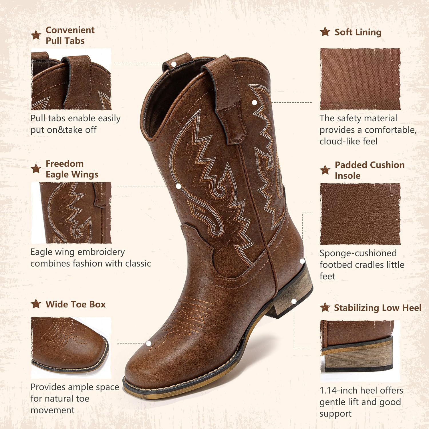 LAURMOSA Boys Cowboy Boots Western Square Toe Boots, Pull-On Mid Calf Embroidered Boots for Toddler Little Big Kid