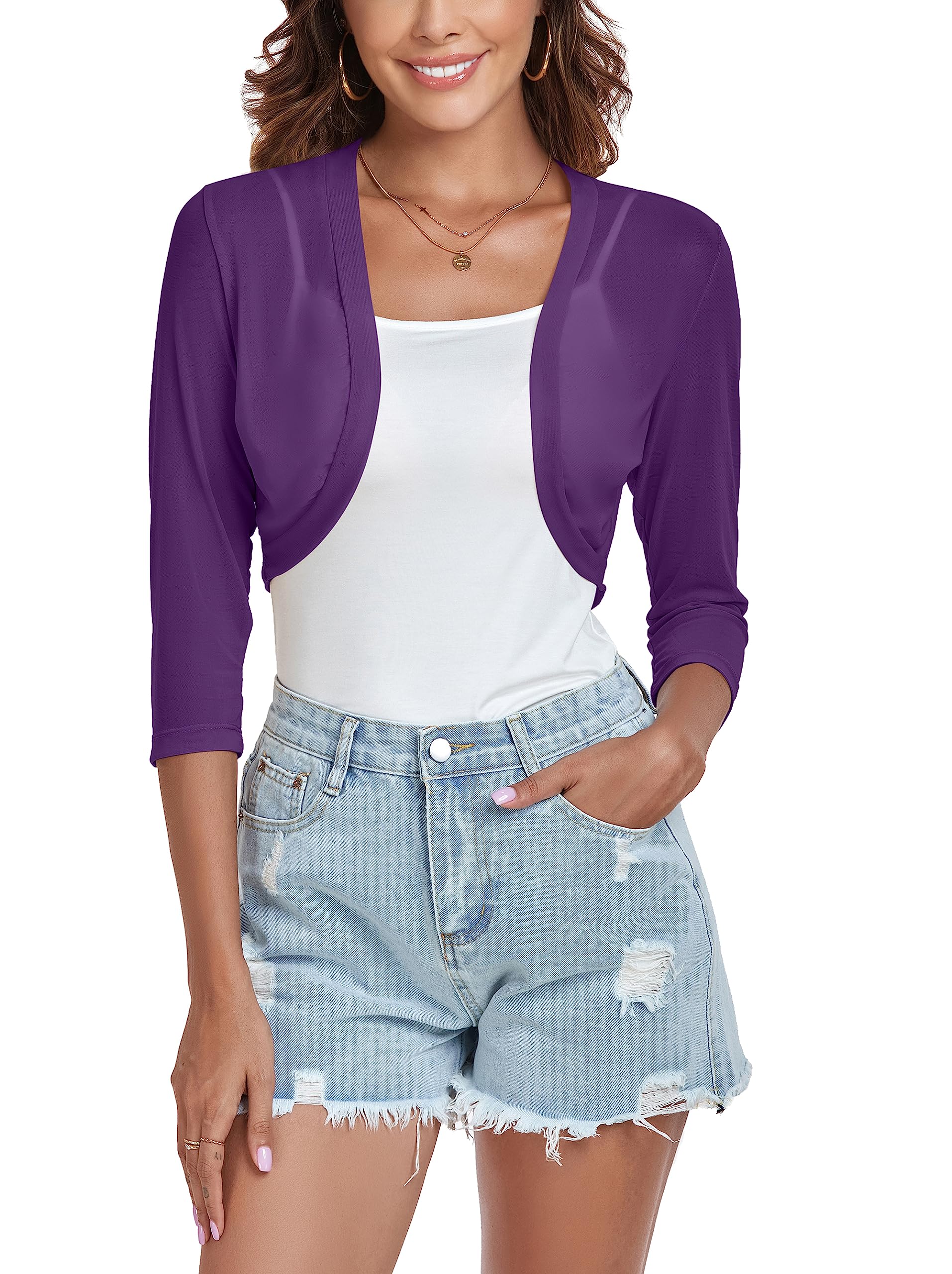 Photo 1 of Tandisk Women's 3/4 Sleeve Shrug Open Front Cardigan Bolero Jacket Purple XL