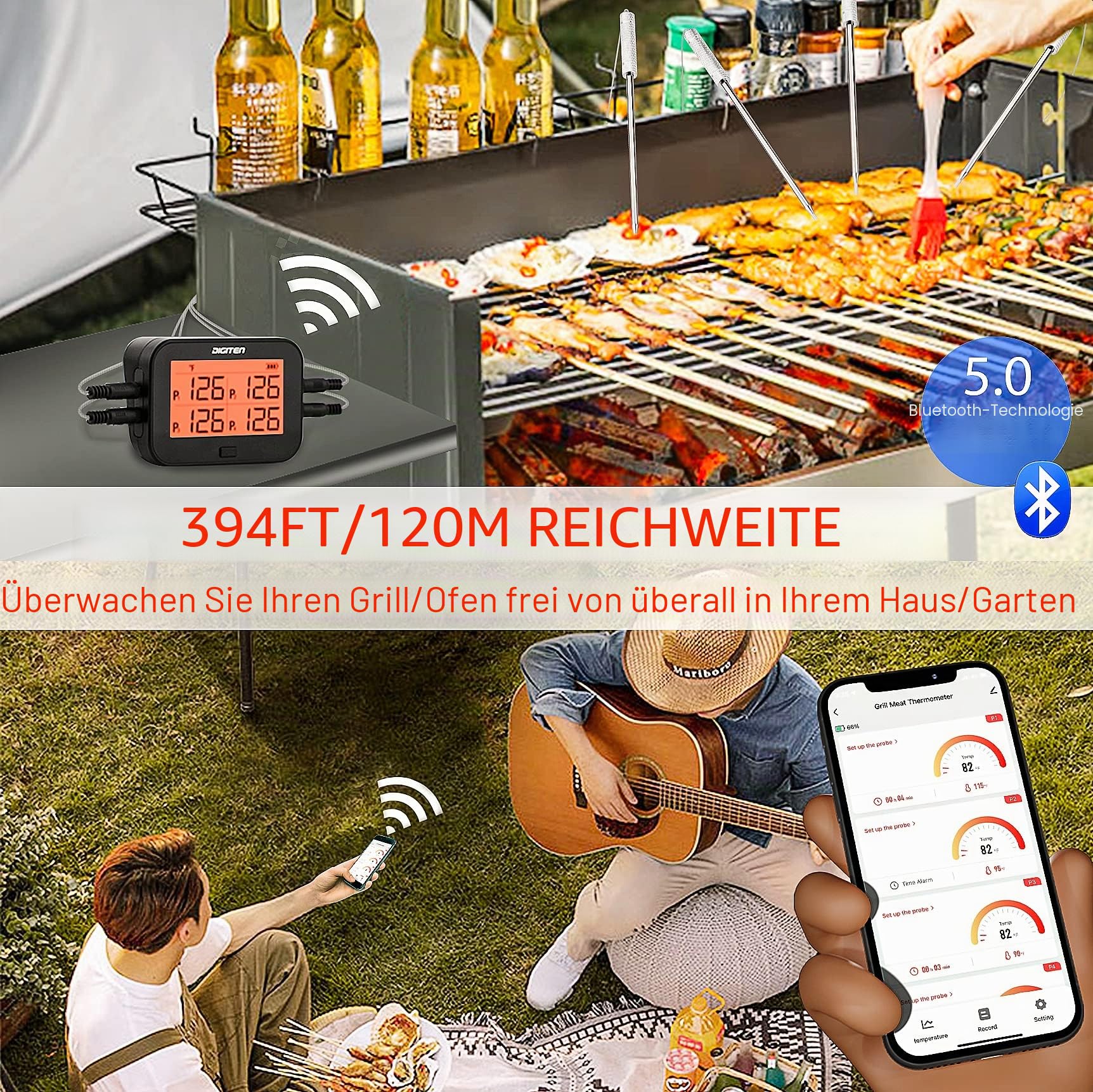 DIGITEN Bluetooth Grillthermometer Kabellos Fleisch- und Lebensmittelthermometer mit 4 Sonden BBQ-Smoker Thermometer Sofort Ablesbar Wiederaufladbar