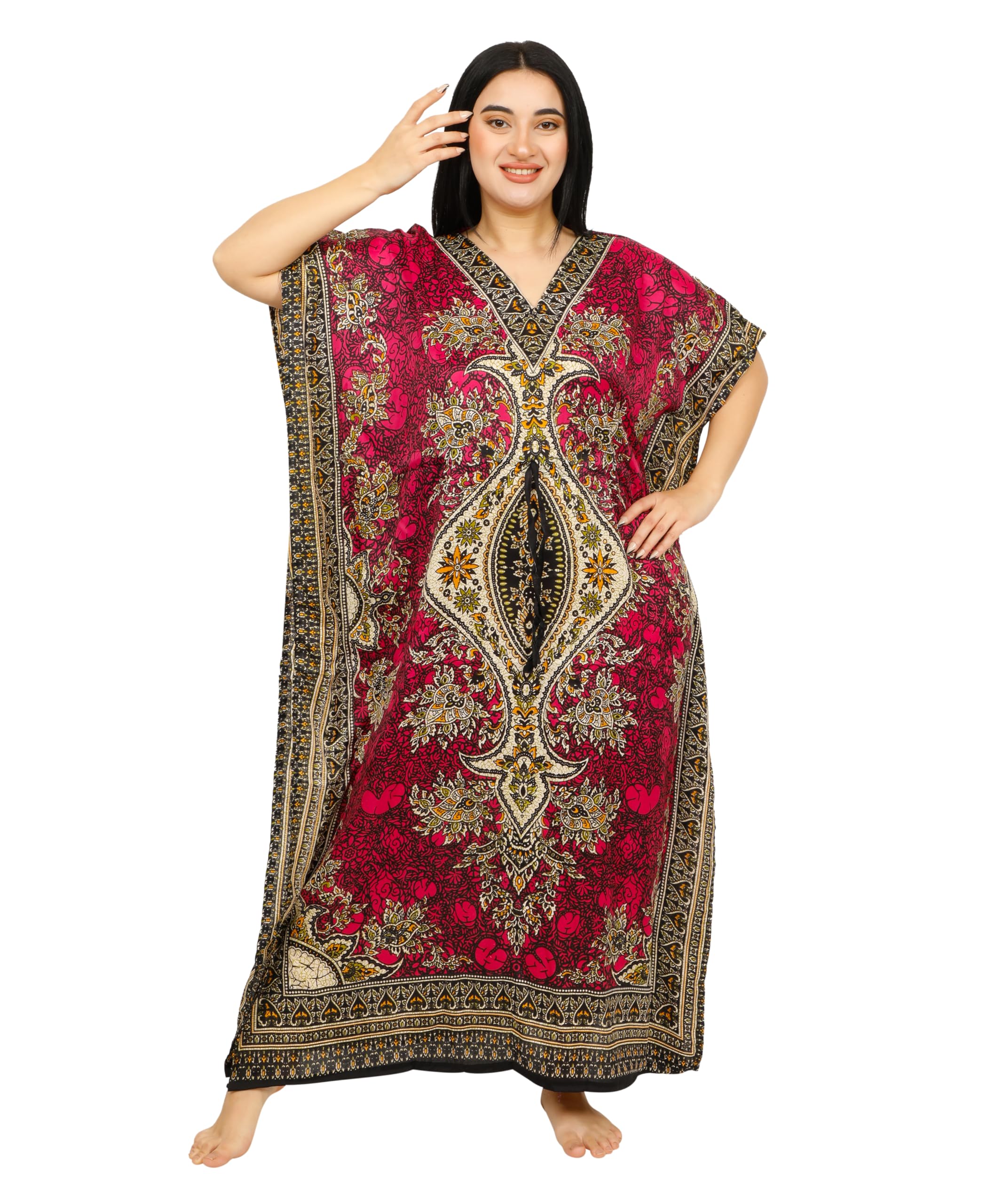 SHYAMVUN Kaftan for Women | Kaftan Dresses Full Length Maxi Dress Free Size | Kimono Style Caftan Tunic for Beach, Holiday, Party, Nightwear & Loungewear | Lightweight Relaxed Fit (Pink)