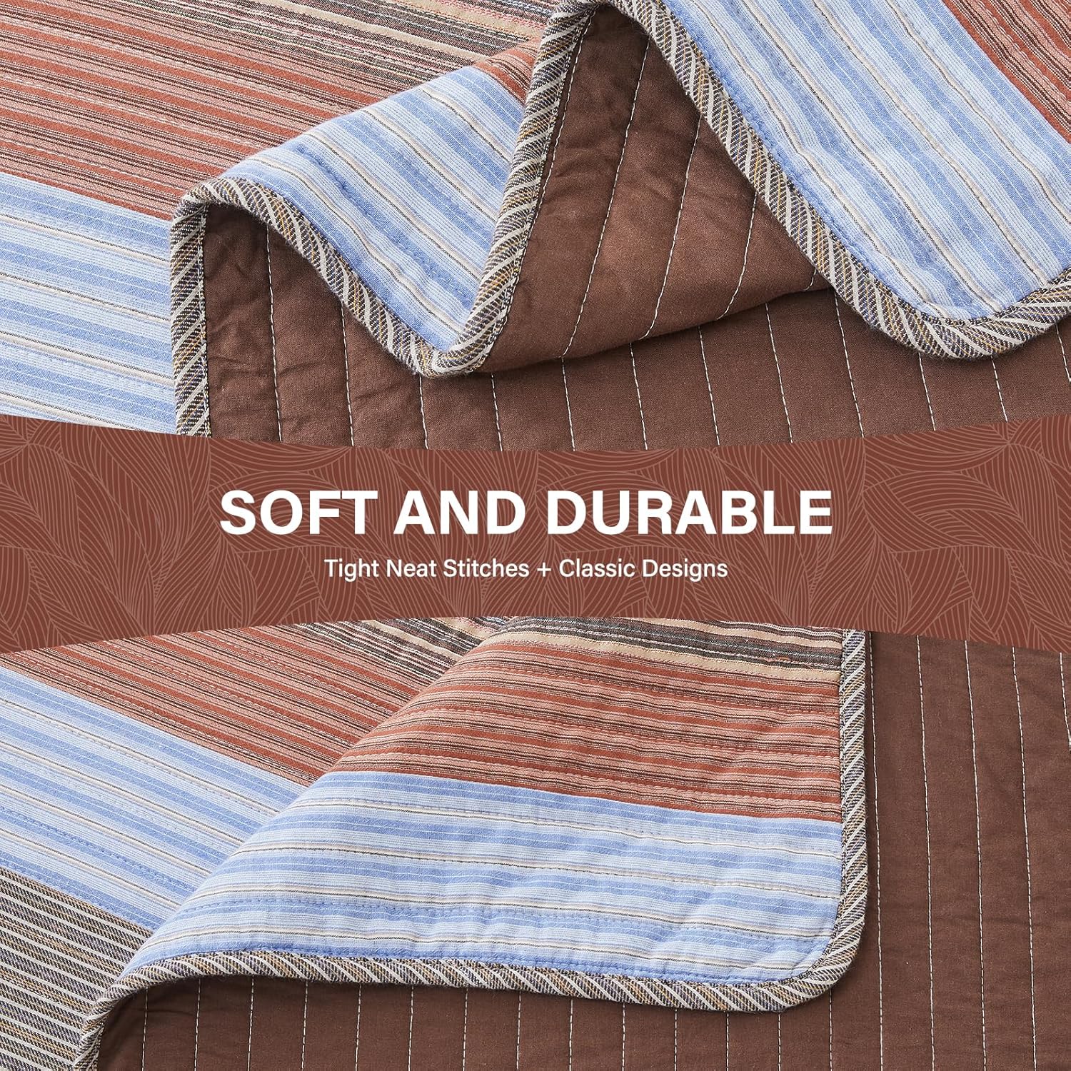 SahSahCasa 100% Cotton 120"x120" Oversized California King Bedspread Coverlet Quilt Set, Cal King Quilted Striped Bedspread Extra Large Reversible XL Bed Spread Lightweight Comforter, Brown