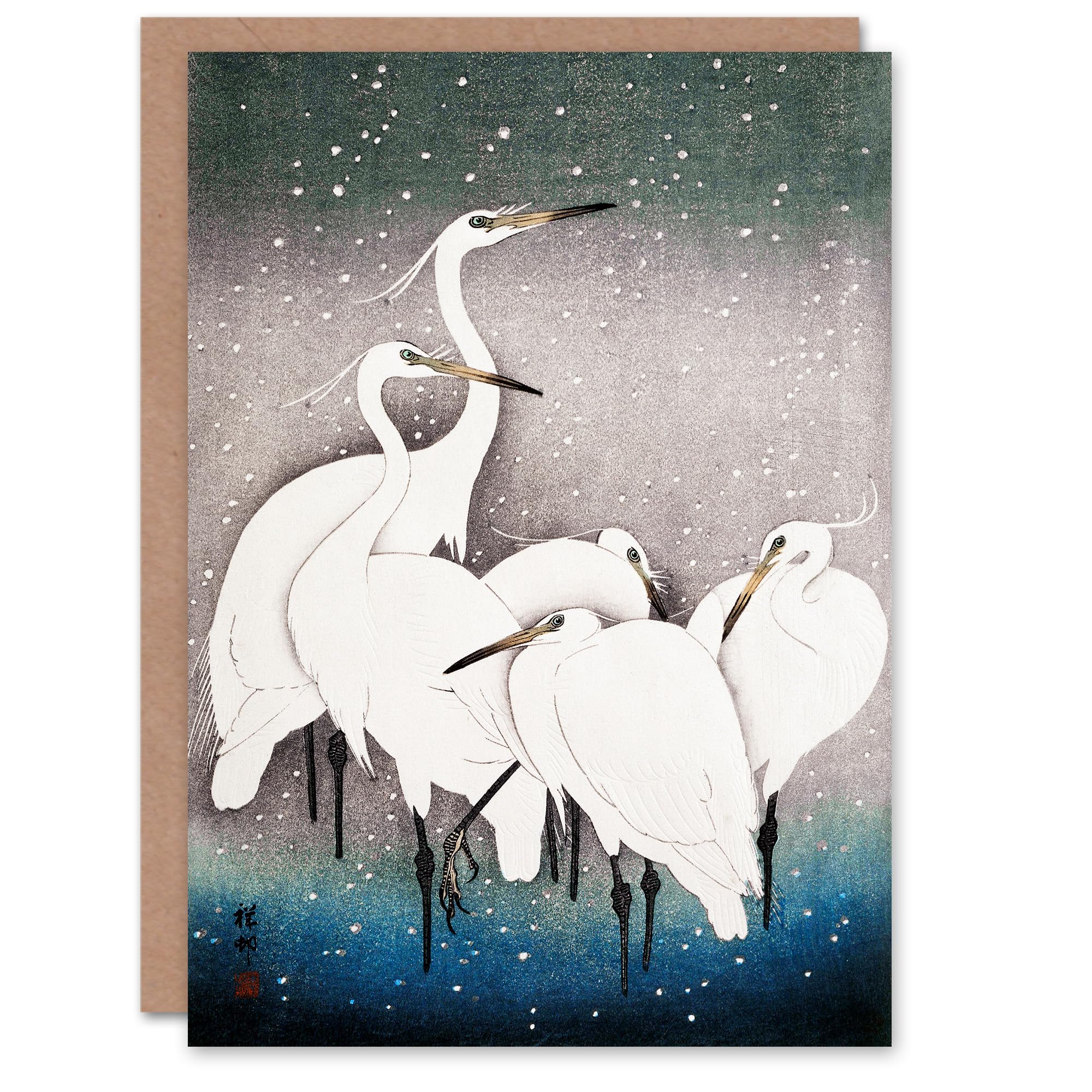 Artery8 Ohara Koson Japanese Art Card Group Of Egrets in Falling Snow