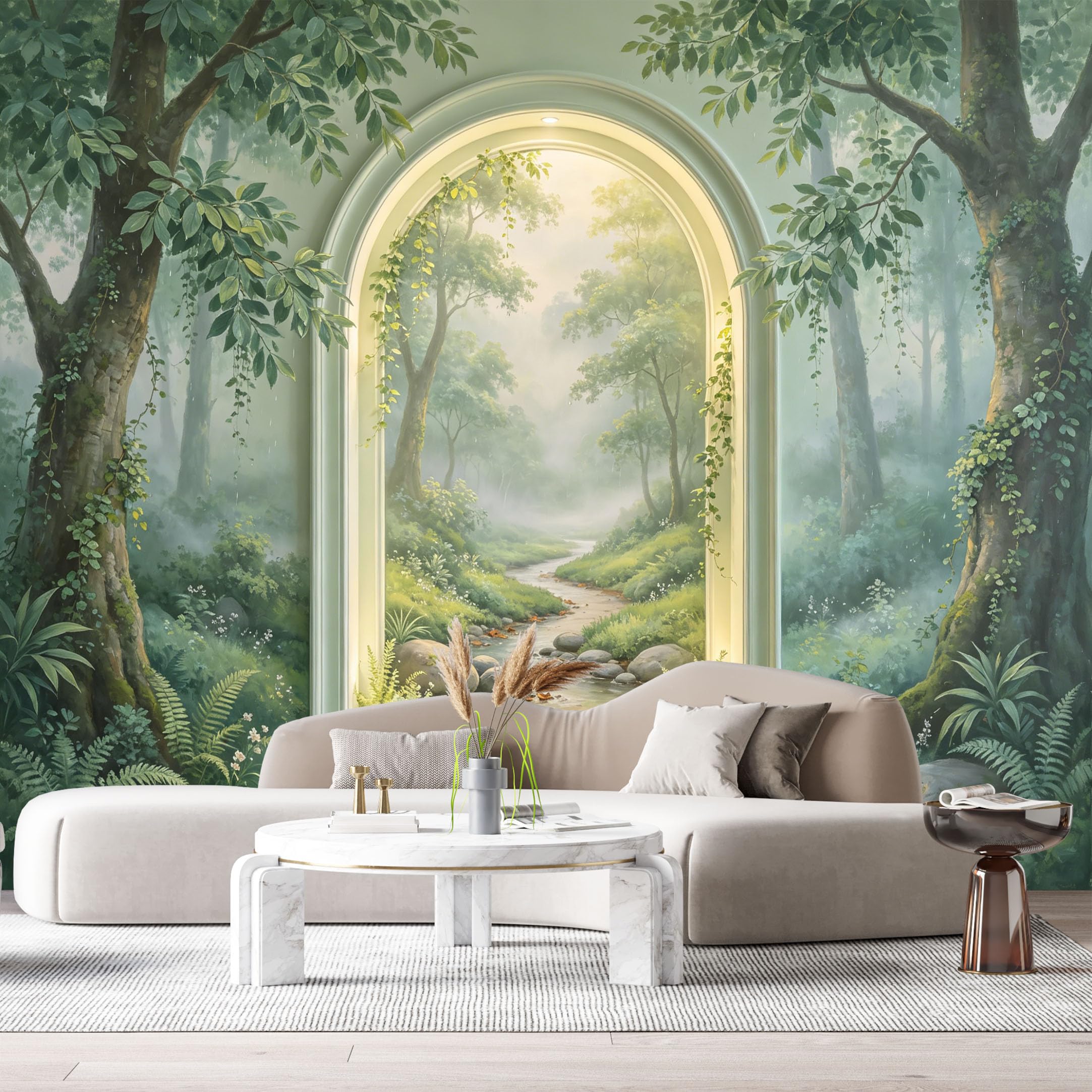 Custom Size Wall Murals Misty Forest Stream Archway 3D Trompe L'Oeil SelfAdhesiveWall Fabric Removable Wallpaper Wall Decor for Living Room Bedroom Bathroom