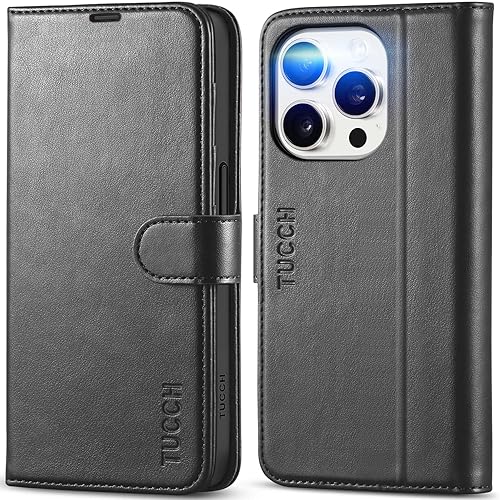 TUCCH Funda tipo cartera para iPhone 15 Pro, bloqueo RFID 4 tarjetas Soporte carcasa interior de TPU a prueba de golpes Funda protectora magnética