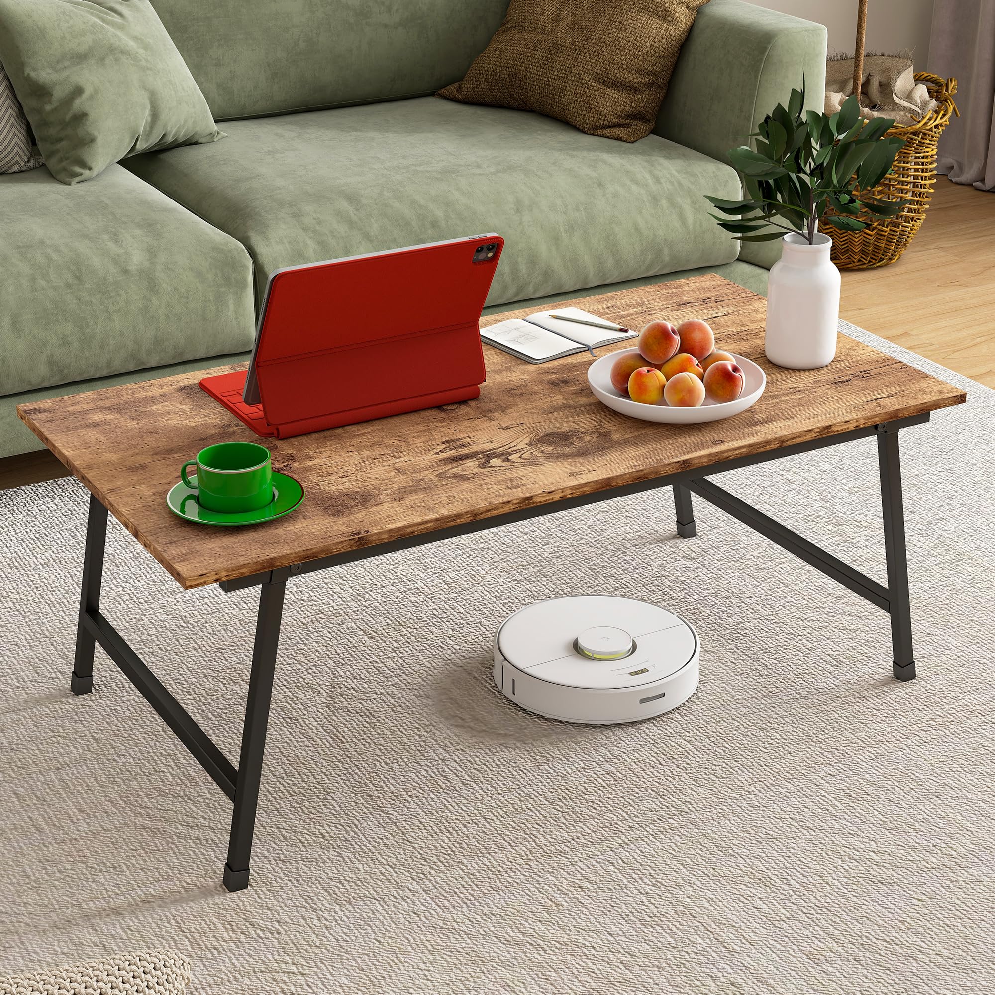 Crocofair Foldable Coffee Table,Modern Rectangular Tea Table, Simple Center Tables for Living Room, Bedroom,Home, Office, Industrial Wood Tabletop and Metal Frame, No Assembly,Black+Brown