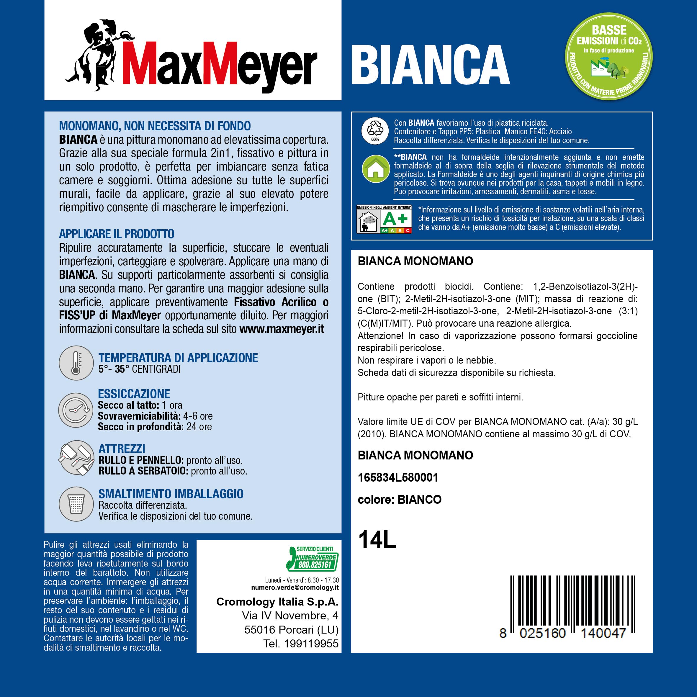 MAXMEYER Bianca Monomano BMB, Pittura per Interni Lavabile, 2 in 1 Fissativo e Pittura, Ottima Copertura, Finitura Opaca, Bianco, 14 Litri
