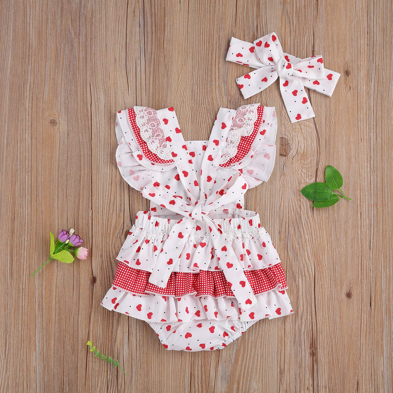 Baby Girl's Valentine's Day Romper Flutter Sleeve Backless Jumpsuit Heart Print Dress Outfit with Headband Set Sunsuit (White, 6-9 Months)