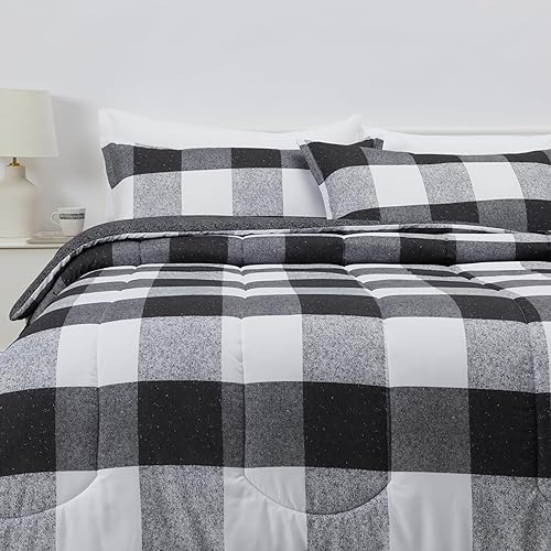 Amazon Basics Lightweight Microfiber Checkerboard Comforter Set, 3-Piece, King, Black/White