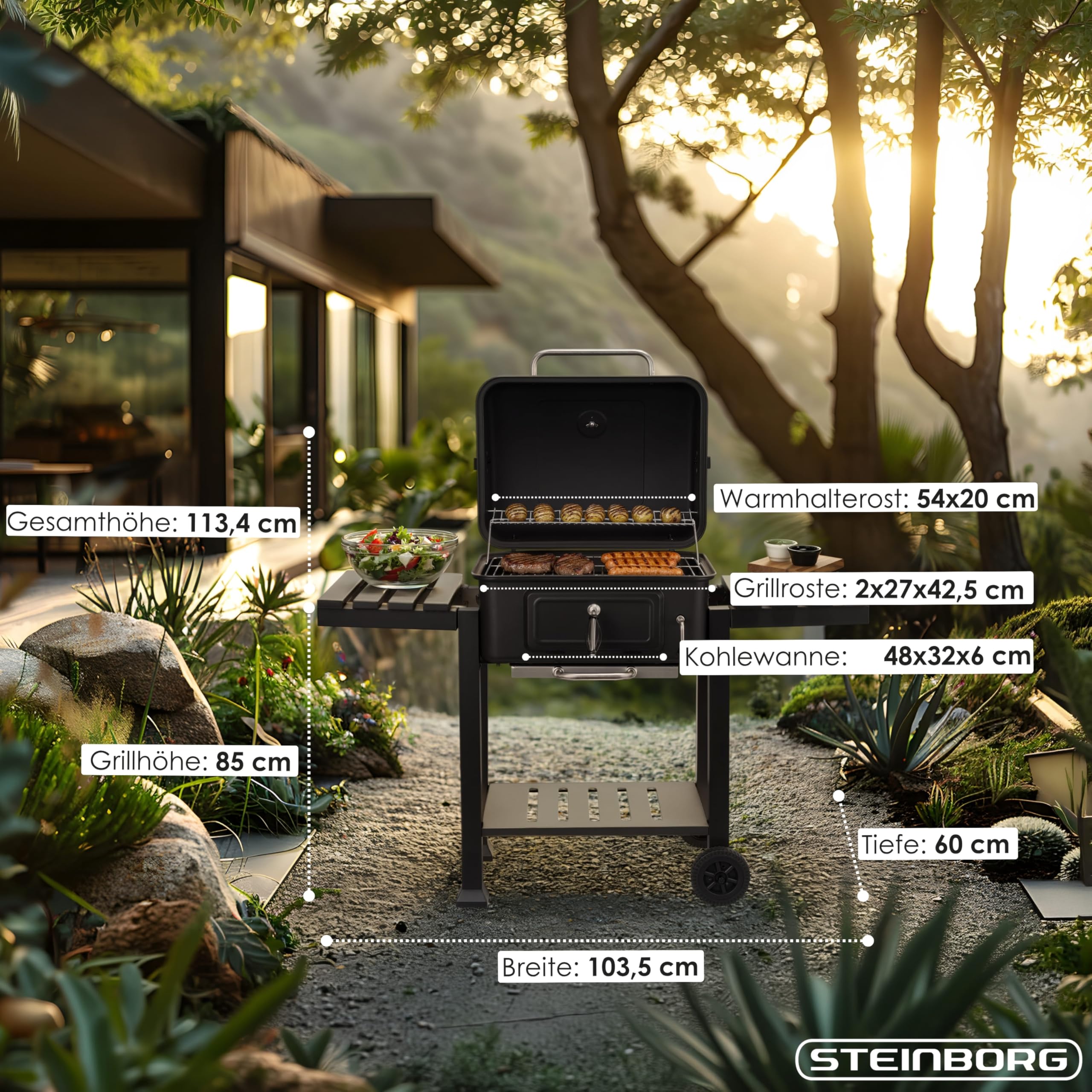Steinborg® Holzkohlegrill mit Deckel & Thermometer – BBQ Grillwagen fahrbar mit 2 Grillrosten, Warmhalterost, höhenverstellbarer Kohlewanne, Thermometer, Ascheschublade & Seitenablagen