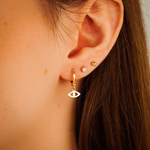 Miniatura 6 de Textured Disk Charm 14K Gold Clasp Closure Dangle Earrings, Trendy Huggie Hoop With Charm Earrings, Hypoallergenic Nickel Free, Lightweight Huggies