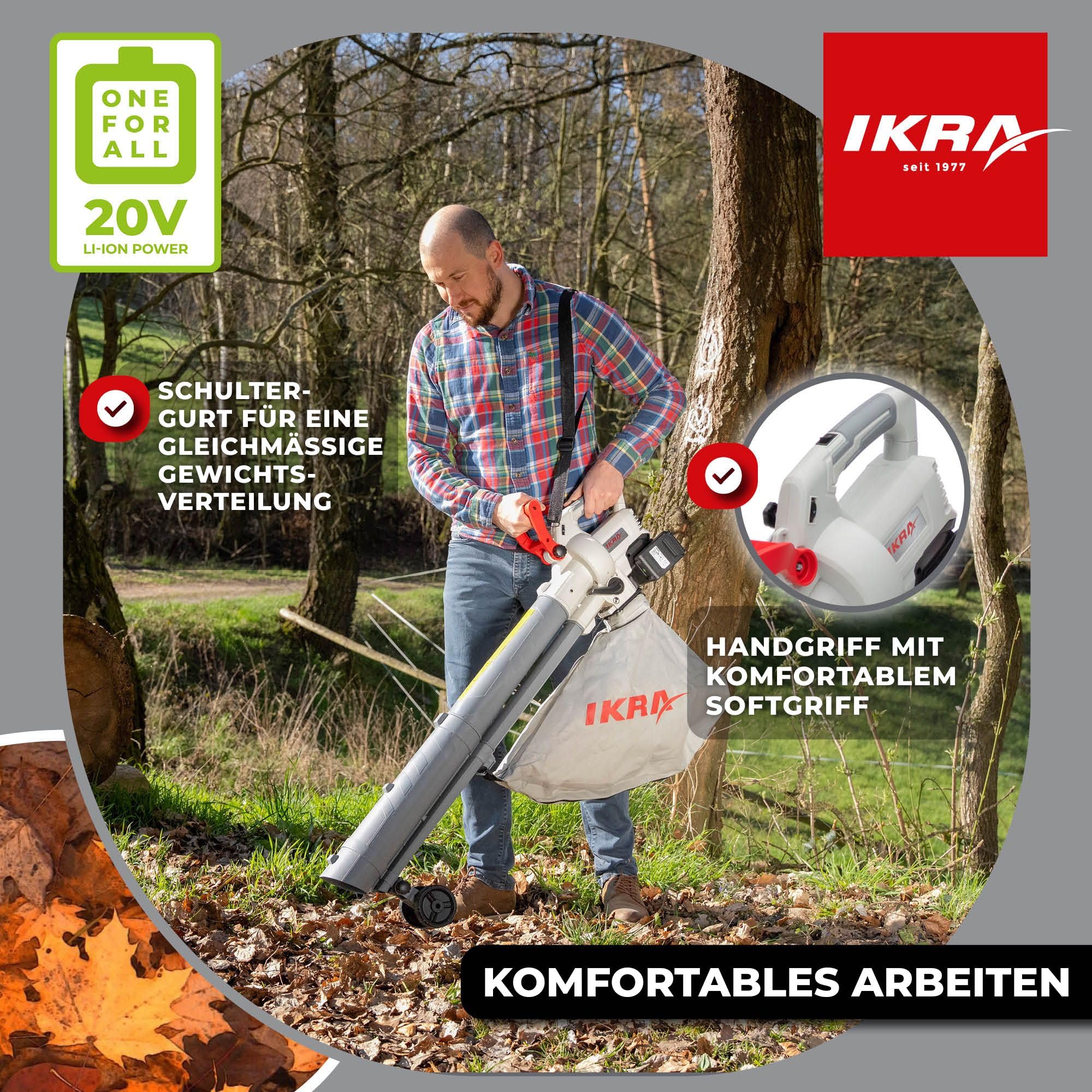 IKRA 3in1 Laubbläser Laubsauger IALS 2-20 inkl. 2 Akku 20V & Ladegerät | Wahlschalter für Saug- und Blasfunktion, bis zu 210 km/h, inkl. Fangsack 45l & Schultergurt, 20V-Akku-Familie von IKRA