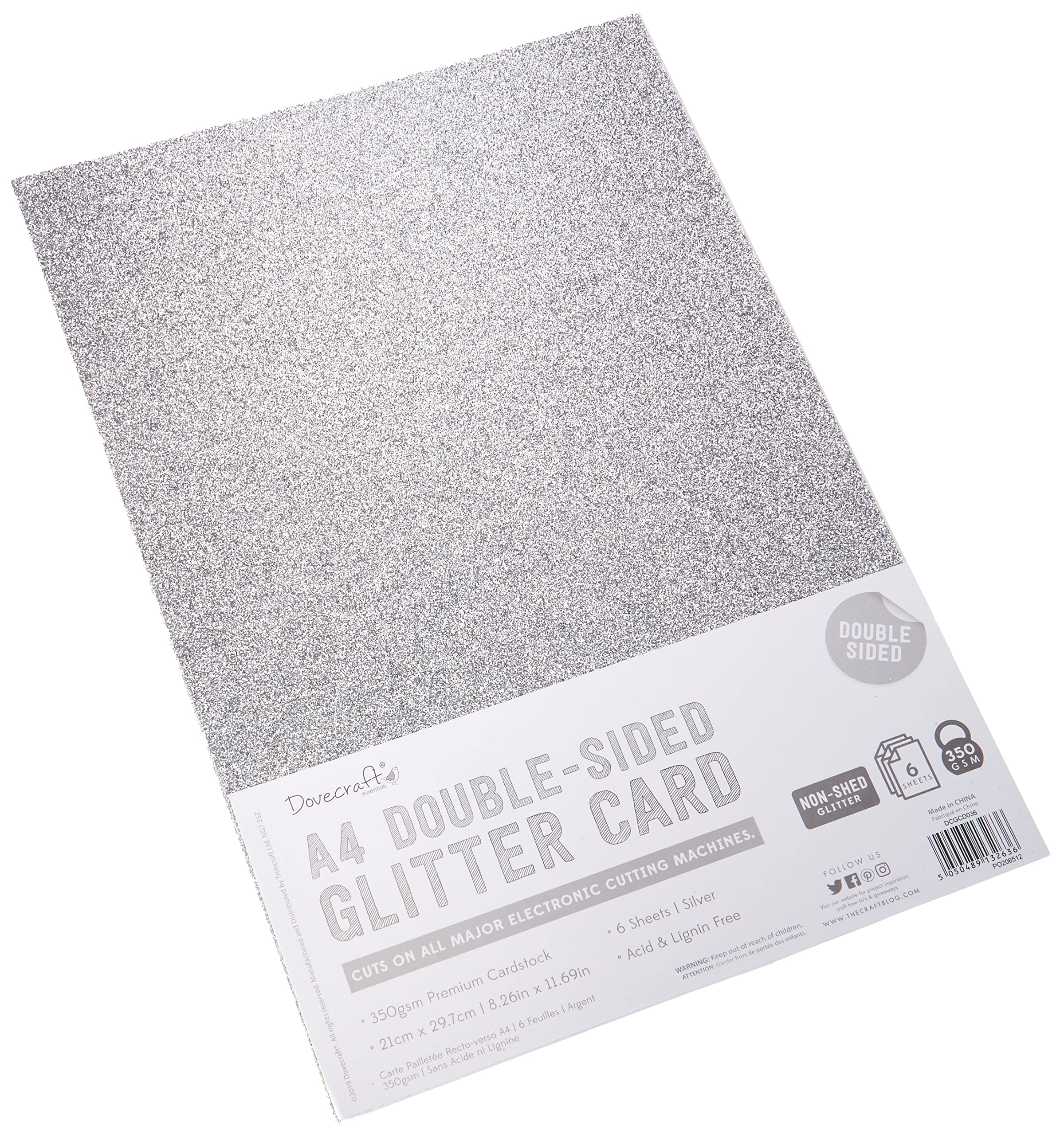 Dovecraft A4 Double-Sided Glitter Card 350GSM - Non Shed - Acid and Lignin Free - For Die-Cutting, Cricut, Brother and Silhouette - For Party, Papercraft, Stationery and Home Décor, Silver (6 Pack)