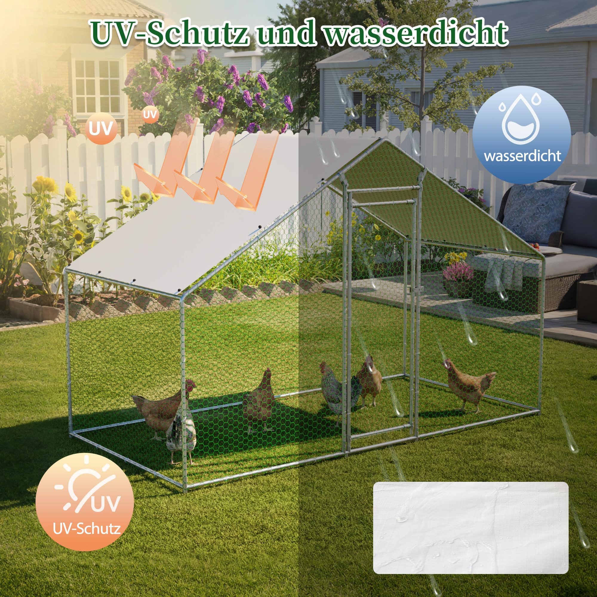 Hühnerstall Freilaufgehege 3x1,5x2m Wasserdicht PE-Plane Geneigtes Dach