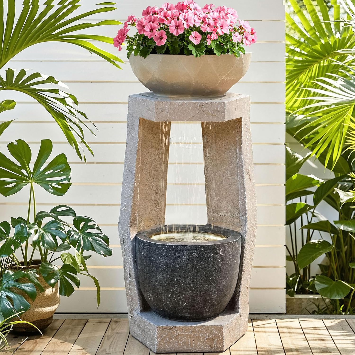 32" Outdoor Fountain, Modern Geometric Two Bowls Water Feature with LED Lights, Resin Soothing Cascading Waterfall for Patio, Backyard, Garden or Porch