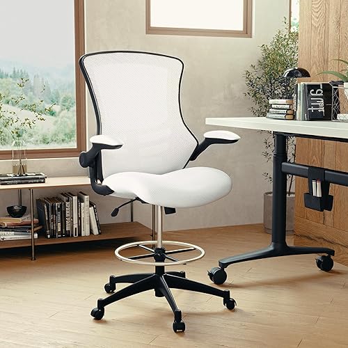 Miniatura 2 de Flash Furniture Kelista Silla de dibujo ergonómica de malla blanca con respaldo medio  Anillo de pie ajustable, brazos abatibles  Comodidad y