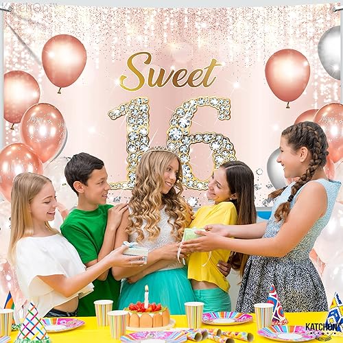 Miniatura 8 de KatchOn Pancarta extragrande de oro rosa dulce 16, telón de fondo de 72 x 44 pulgadas para sesión de fotos y decoraciones de cumpleaños