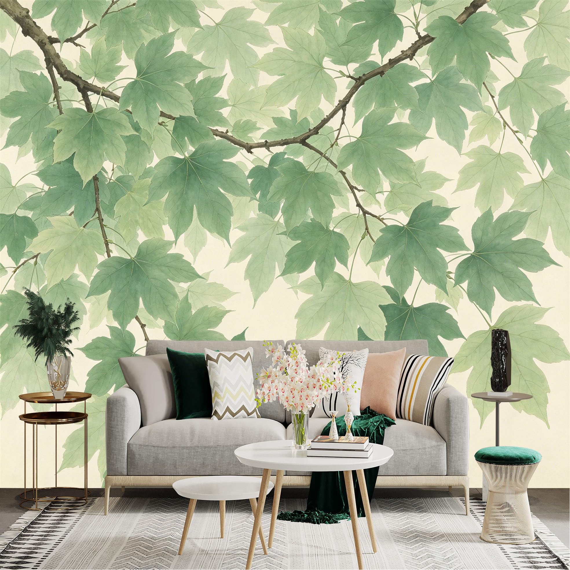 Lnzczhyre Dbh260521289 Custom Size Wall Sticker Mural， Soft Watercolor Maple Leaves， Aesthetic Botanical Illustration， Natural Green Forest Foliage， For Wall Decoration， Peelandstick Wall Decals.