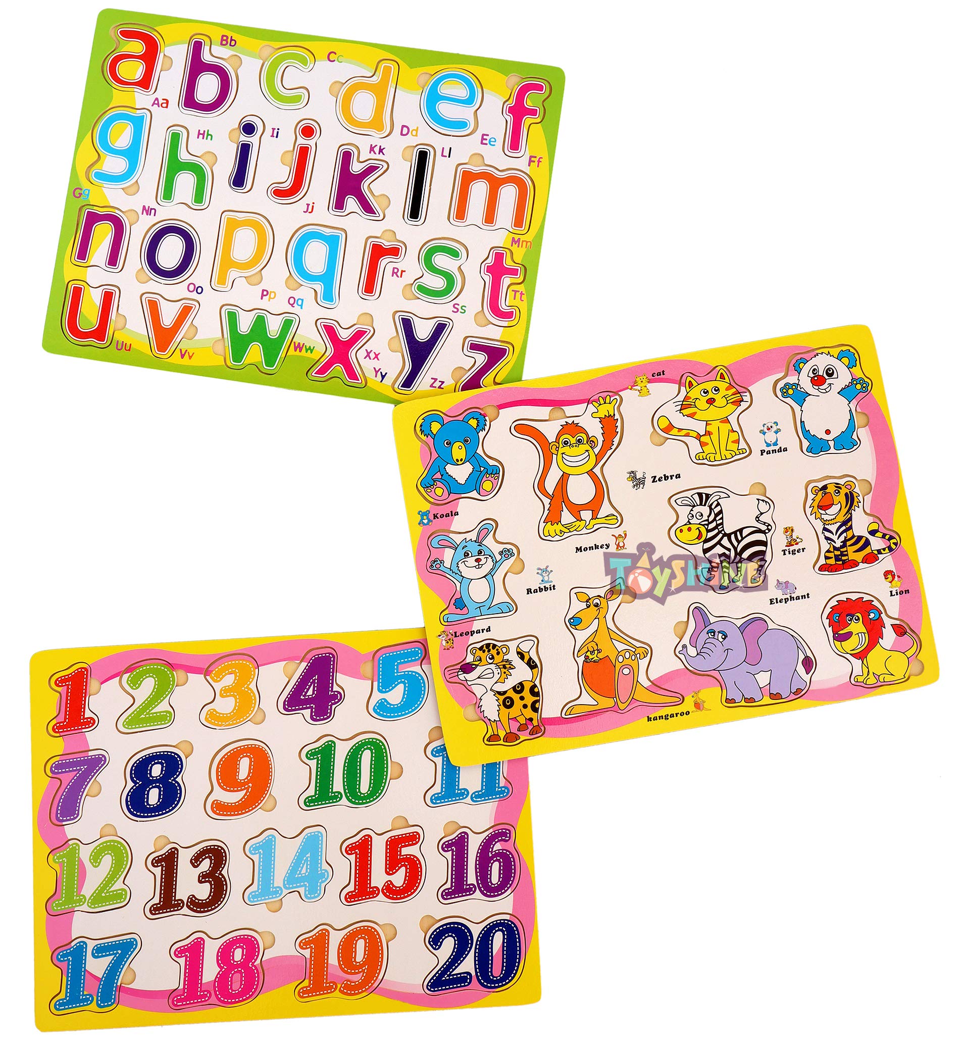 Toyshine Premium 3 in 1 Wooden Small ABC, Numbers 123 (1- B0) and Animals Puzzle Toy, Educational and Learning Toy - Model B