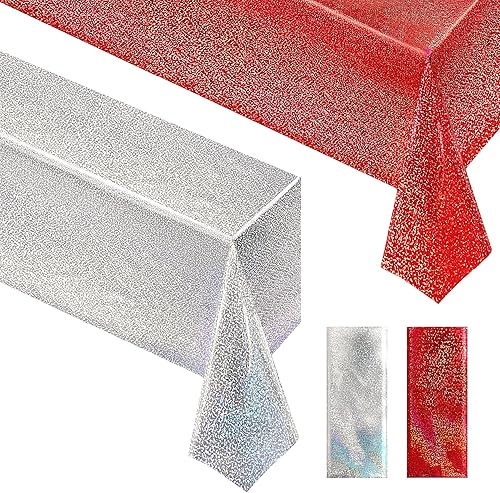 Mantel láser de carnaval rojo y plateado de 40 x 108 pulgadas, mantel holográfico brillante de Navidad, fiesta de cumpleaños, graduación,