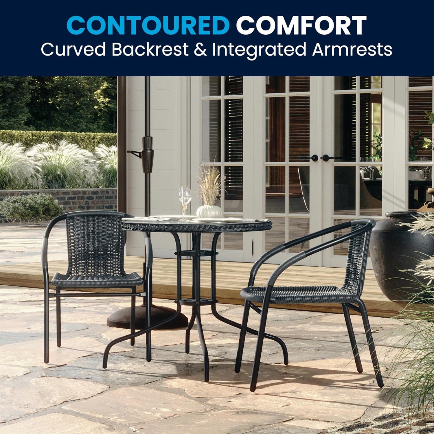 BOWERY HILL 2 Piece Round Patio Dining Set, Black and Gray Finish, Glass Top Table, Rattan Seat and Back Chairs, Lightweight Indoor Outdoor Use, Commercial or Residential Dining