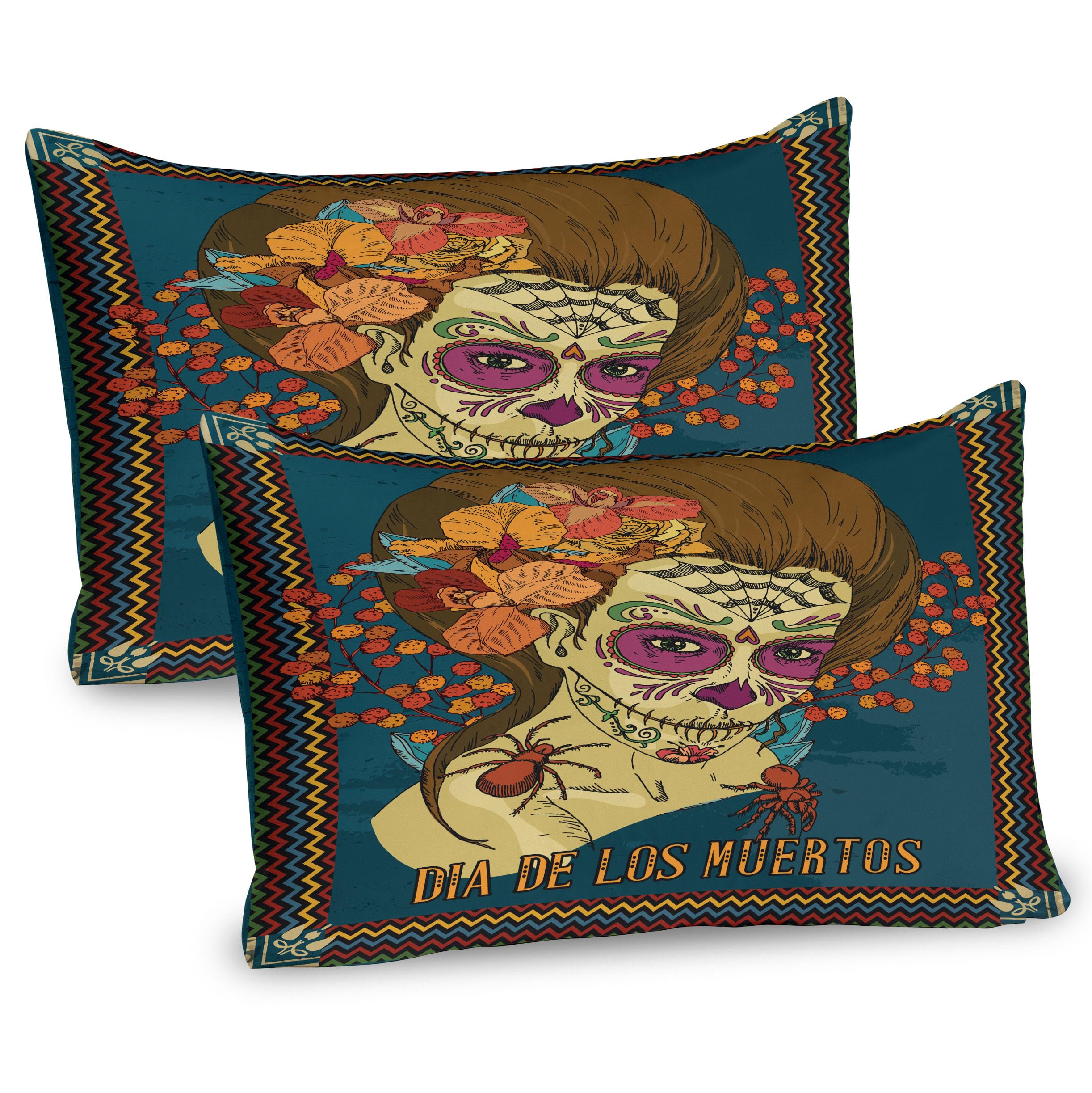 Ambesonne Day of The Dead Pillow Sham Set of 2, Dia de Los Muertos Skull Girl with Roses Hearts Print, Quality Microfiber Bedding Item for All Seasons, 26