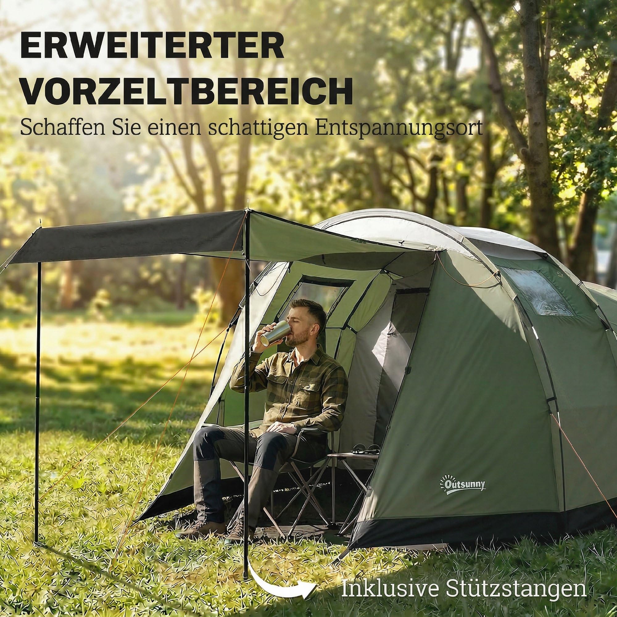 Outsunny Campingzelt für 3-4 Personen stabil wasserdicht Familienzelt mit Schlafkabine Vorraum Wohnbereich Kuppelzelt mit 3000mm Wassersäule Tunnelzelt Zelt für Camping Reise, Grün