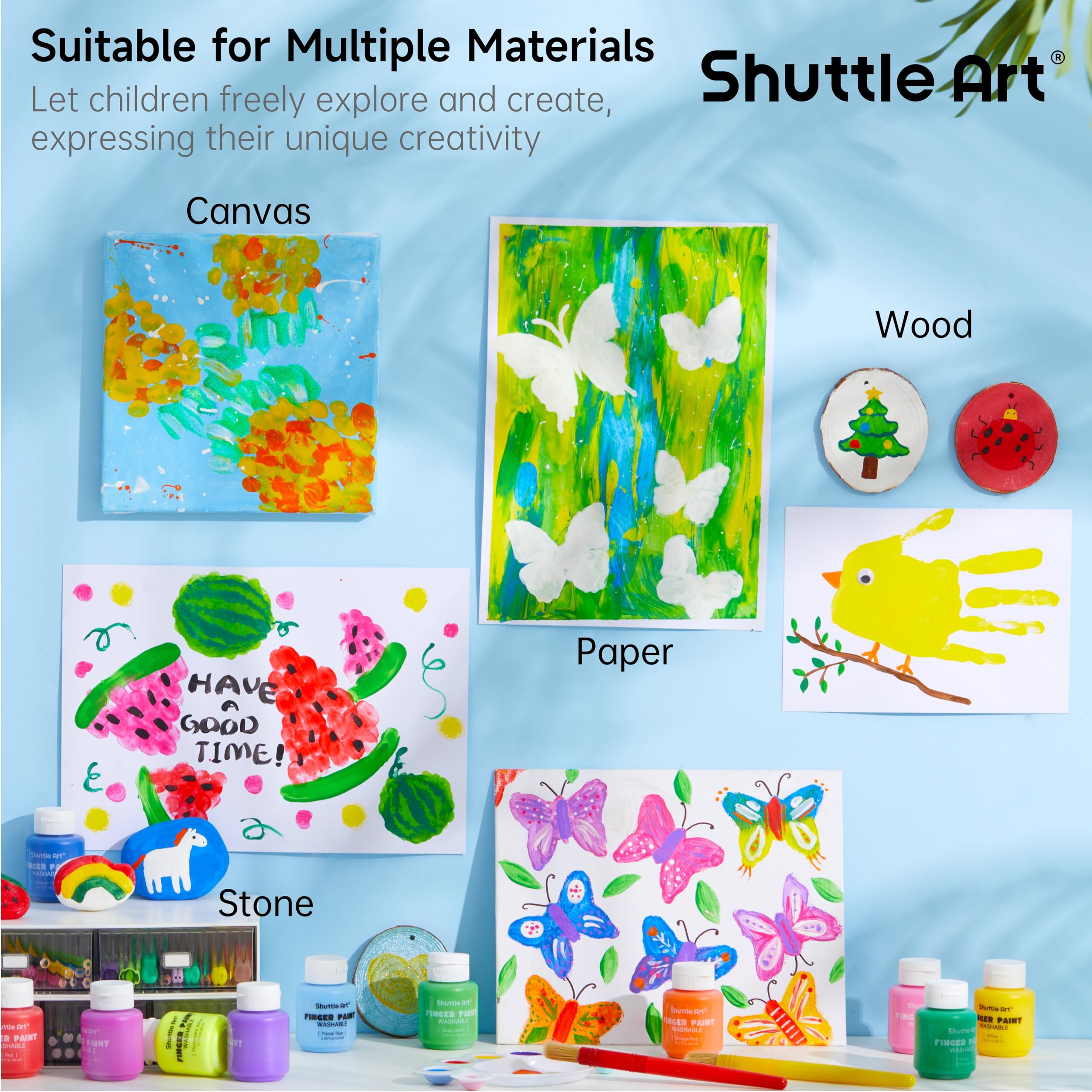 Shuttle Art Peinture au Doigt pour Enfants, 15 Couleurs 60ml Peinture au Doigt Enfant Lavable Non Toxique, Peinture Enfant pour les Tout-petits Art Bricolage