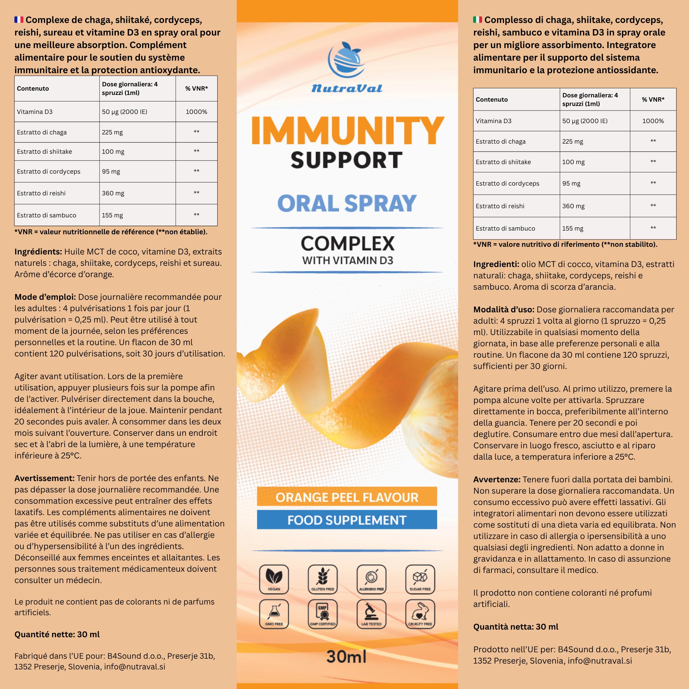 Spray Immunità con Complesso di 4 Funghi | Chaga, Reishi, Shiitake & Cordyceps | Vitamina D3 2000 UI – Immunità, Ossa & Muscoli | Sambuco Nero | Assorbimento Rapido – Senza Compresse | Vegano | 30 ml