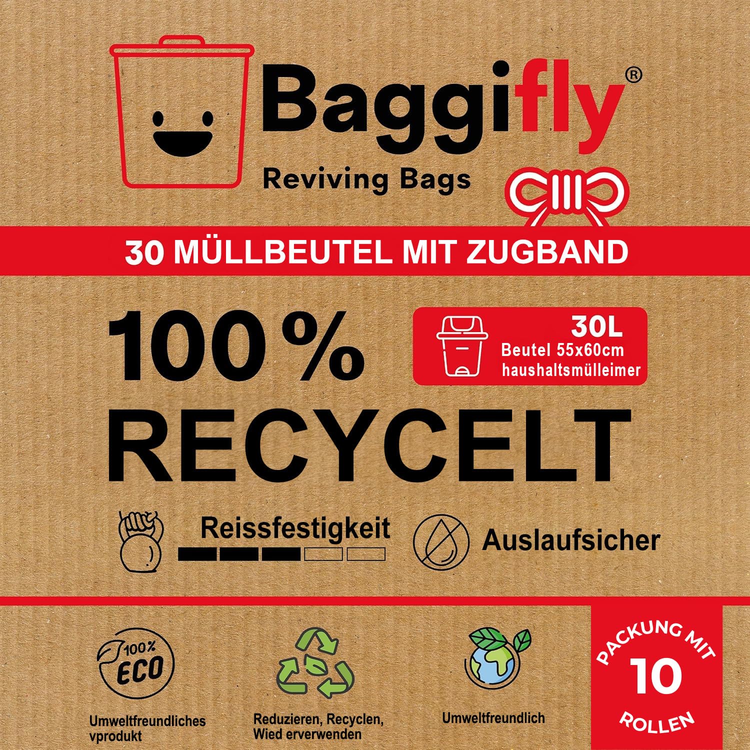 Baggifly, Müllbeutel 30L, 300 Stück, Extra Reißfest, 100% Recycelt, Mit Tragegriffen, Umweltfreundlich, Perfekt für den Haushalt, 10 Rollen à 30 Beutel, In Europa hergestellt