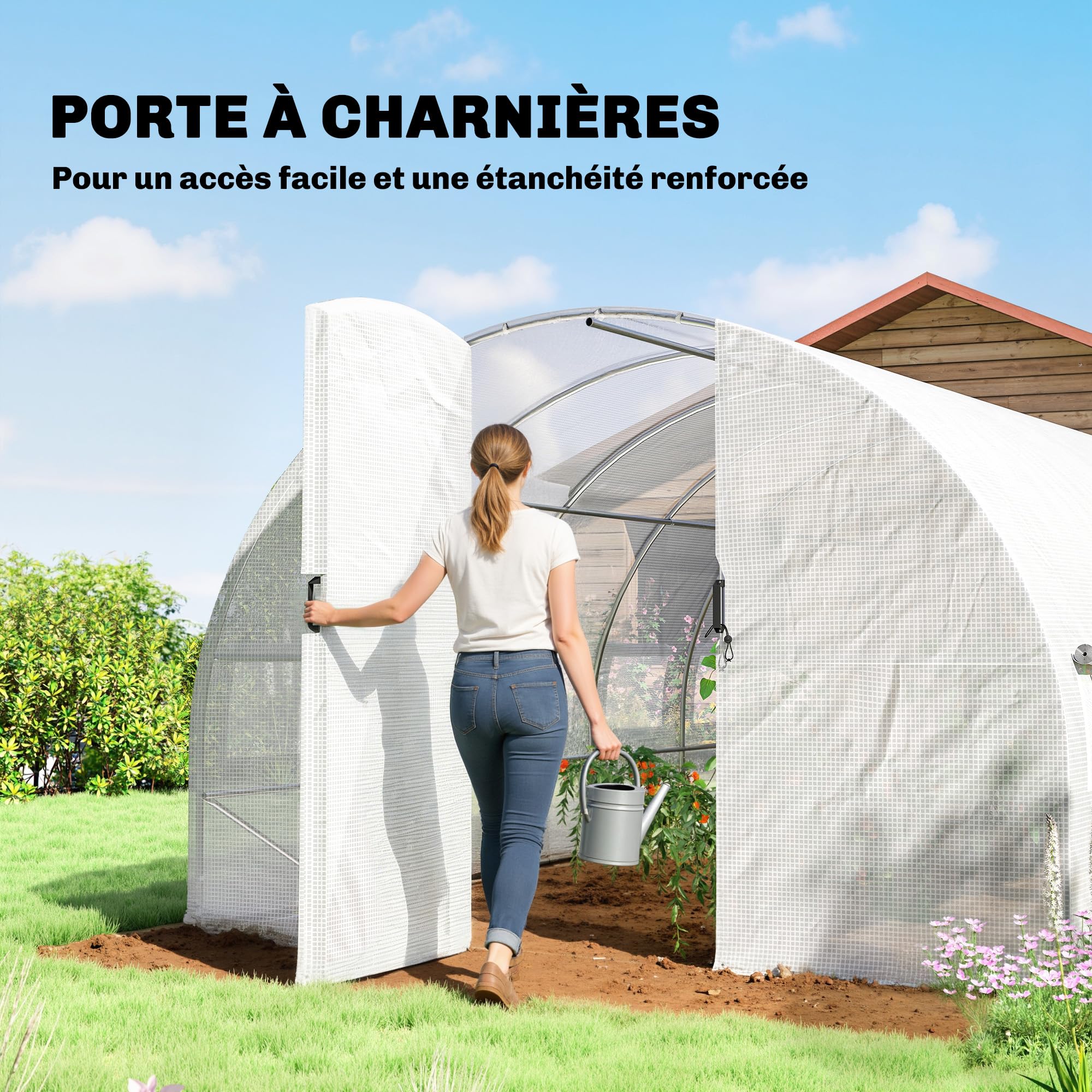 Outsunny Tunnel Serra 18m2 1 Porta 12 Finestre 295x597x200cm Bianco | Tunnel serra da giardino, finestre con zanzariere, telo in PE ad alta densità 140 g/m², prolungato 20 cm, per esterno