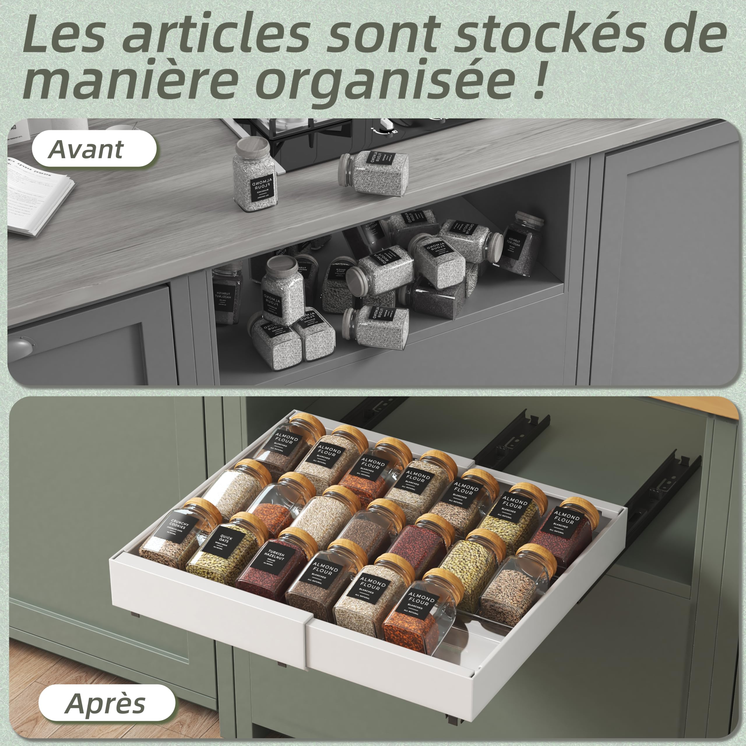 NETEL Lot de 2 tiroir coulissant cuisine et 6 pièces Organisateur Porte Épices，plateau coulissant placard，32-52cm Largeur, 42cm Profondeur,Fixation Autocollante ou par Vis,Blanc