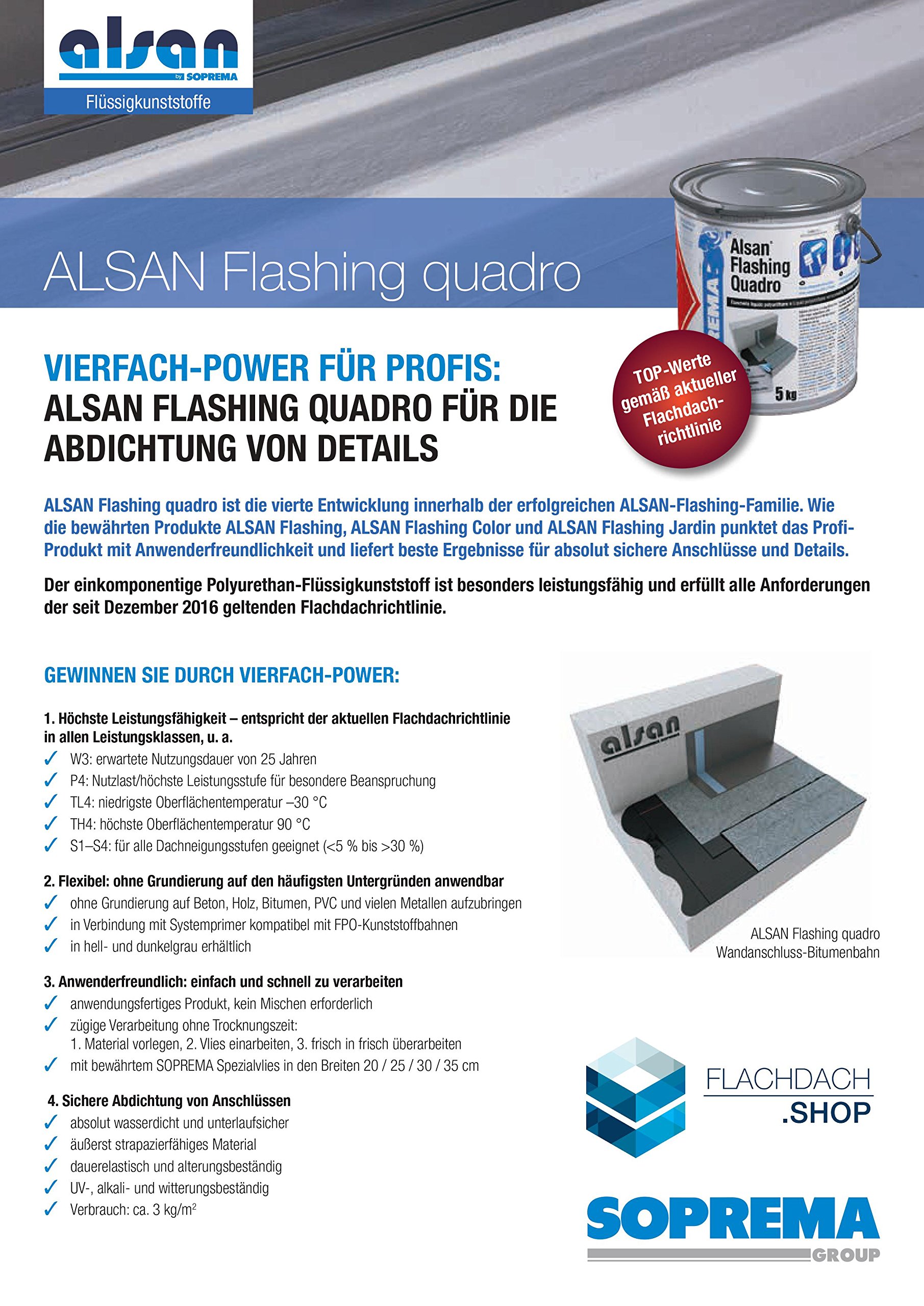 ALSAN Flashing Quadro - PROFI PACK - Komplettset | 5,0 kg Flüssigkunststoff | 1 Rolle Alsan Vlies | 1 Paar Handschuhe | 1 Rührholz | 1 Farbwalze | Verlegeanleitung | Farbe RAL 7040 - fenstergrau