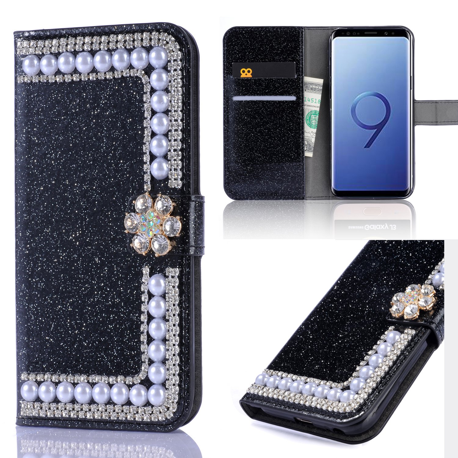 Xifanzi Galaxy S9 Glitzer Hülle, Glänzende Glitzer Bling 3D Perle Blumen Strass Diamant Hülle Flip Cover Magnetclip Design Tasche Folio mit Silikon Bumper Handyhülle mit Kartenfächern - Schwarz