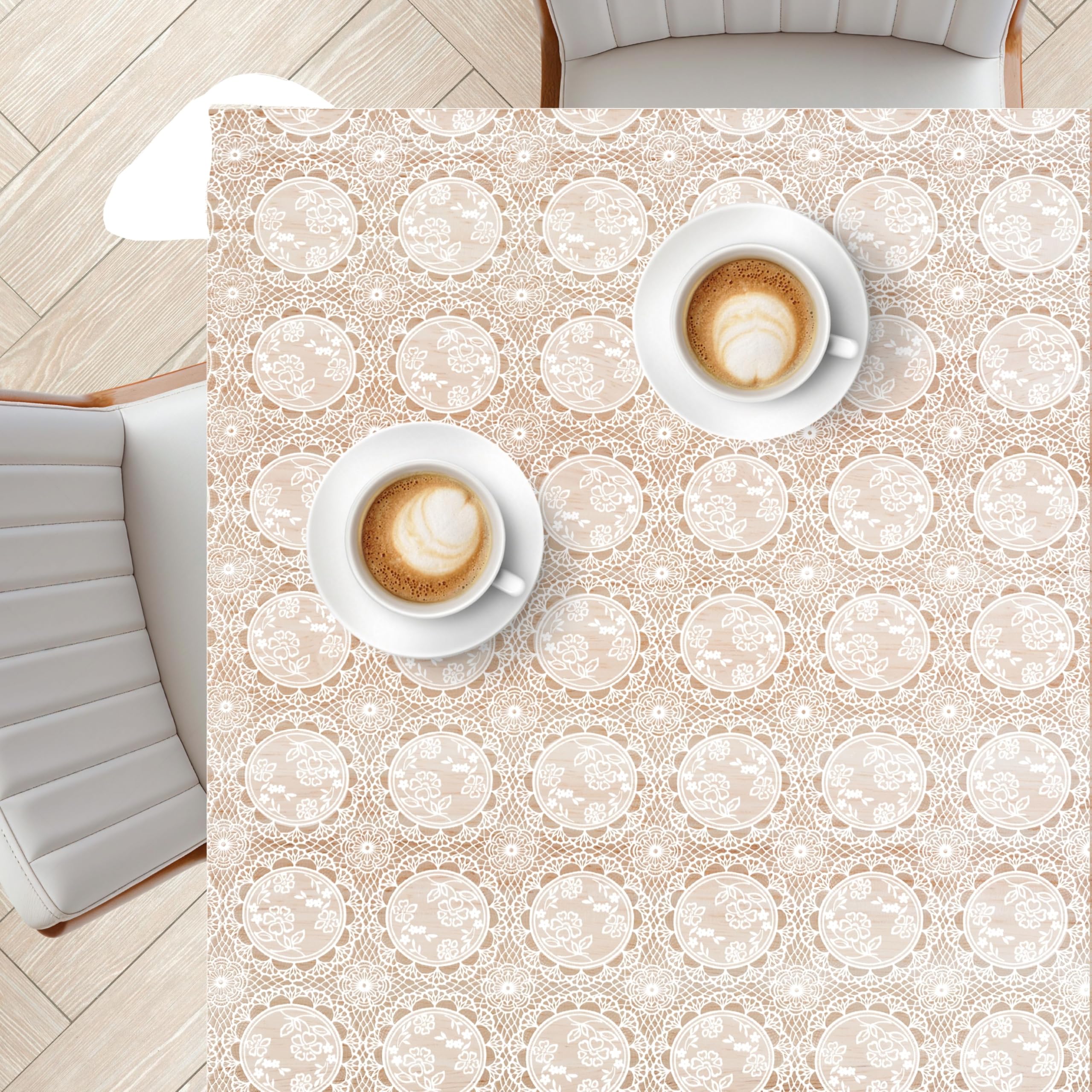 Kp Home White Medallion Lace Lace Embroidery - Waterproof Wipe Clean Tablecloth Square 53.9” X 53.9” (137X137cm) - Wipeable Plastic Table Cloth Vinyl Pvc Oil Cloth Table Cover