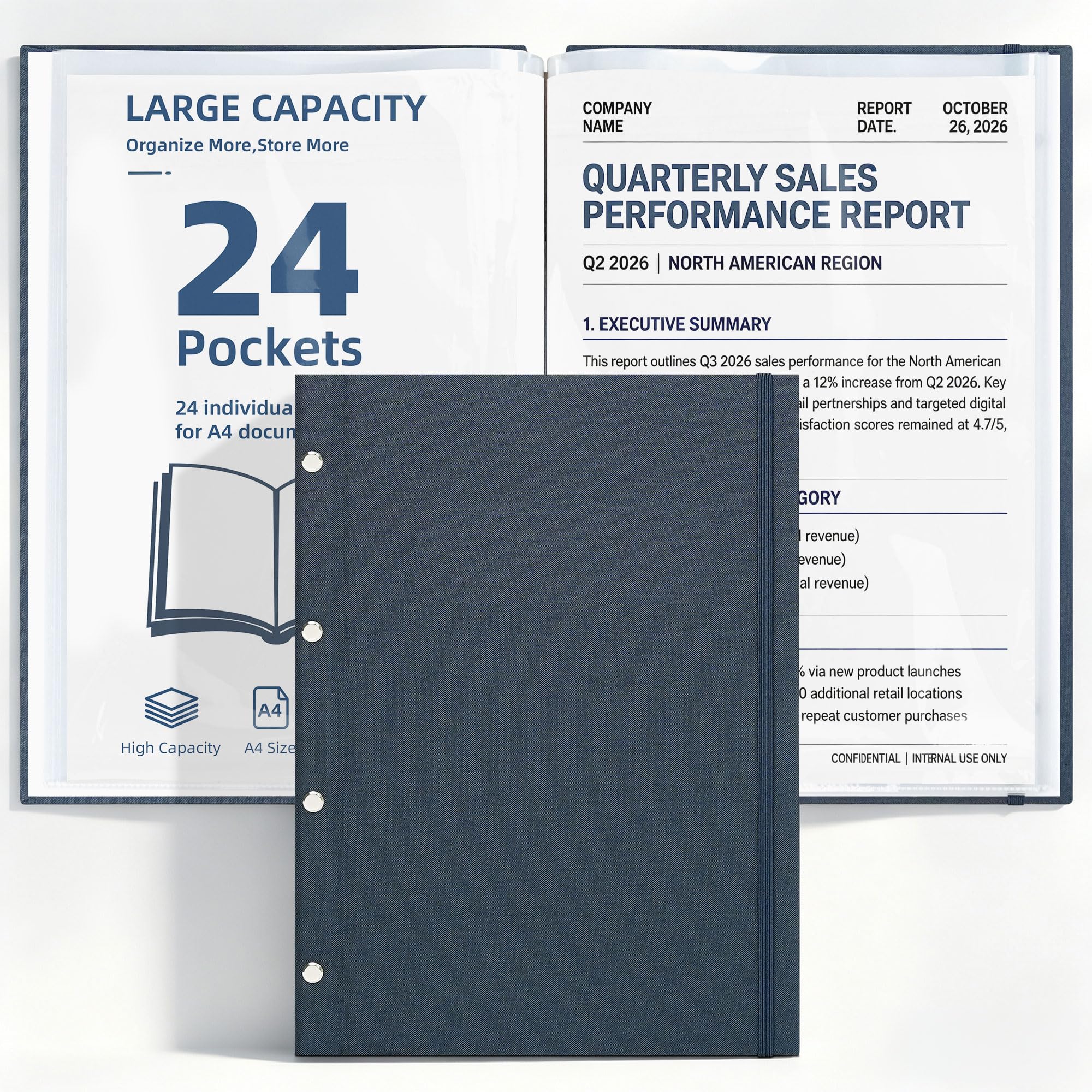 Vienrose A4 Display Folder Fabric Pocket Document Holder 24 Pockets Blue