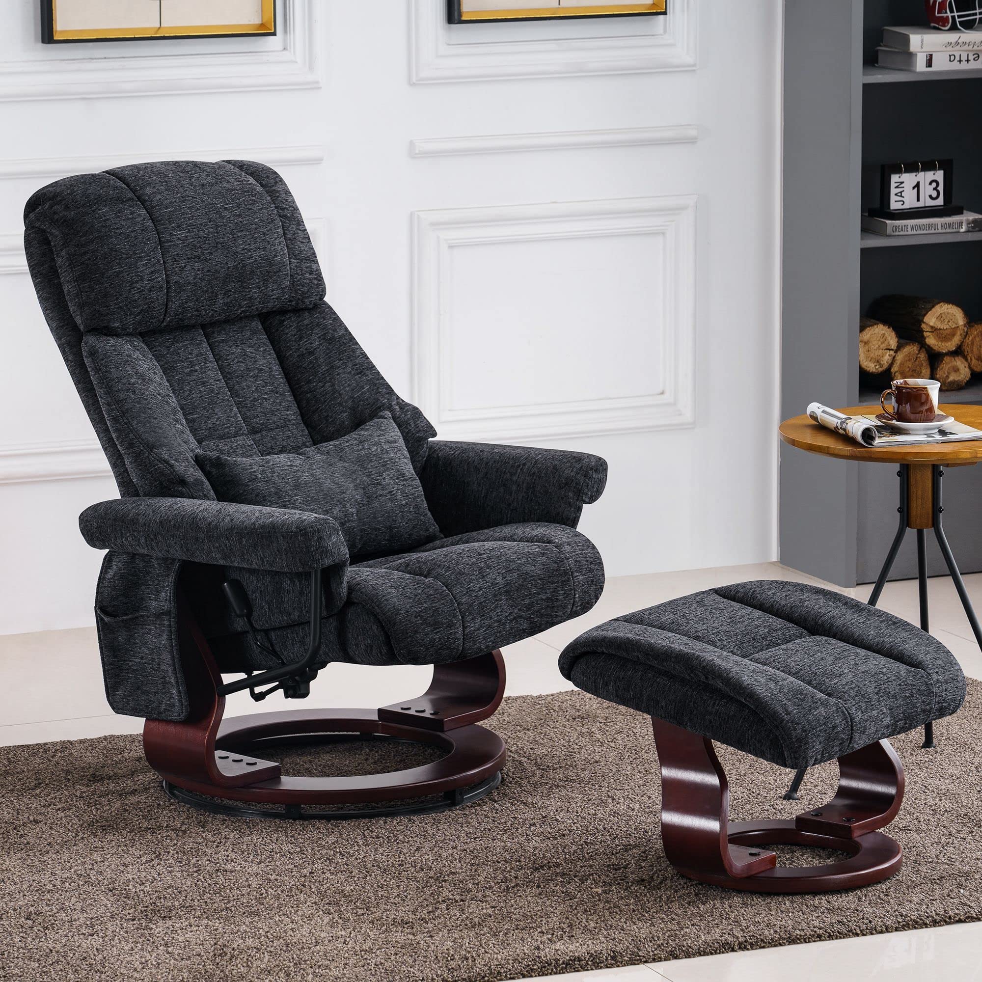 M MCombo 9066 Fauteuil Relax avec Pouf, pivotant,avec Fonction Chaise Longue, avec Coussin et Poche latérale, sans Fonction Massage, Tissu, Gris foncé
