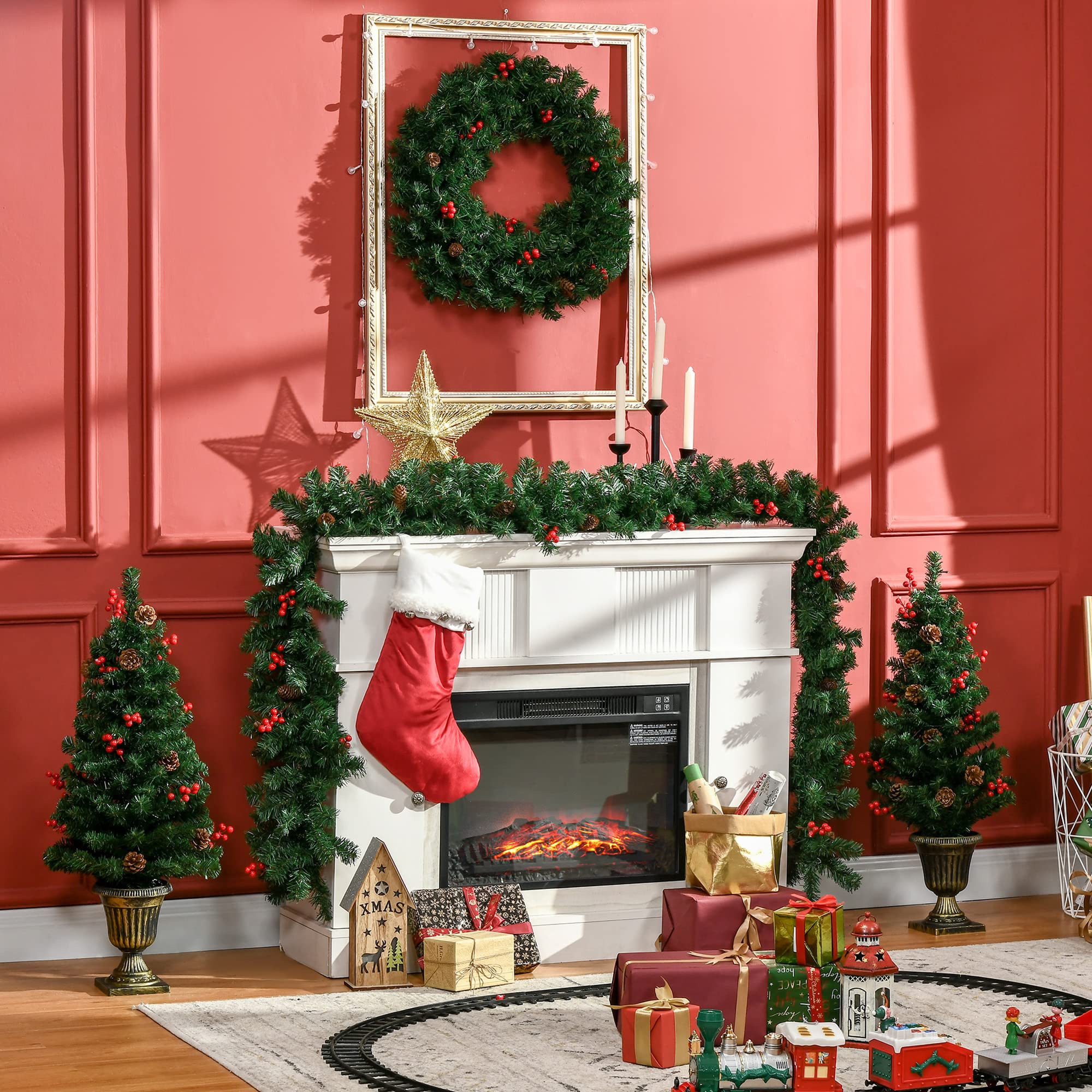 HOMCOM Lot de 4 Pièces Décoration de Noël Lumineuse, 1 Couronne, Vert