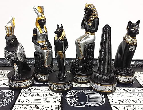 Anubis Egipcio Negro y Plata Ajedrez Hombres Set con Acentos de Oro - NO Tablero