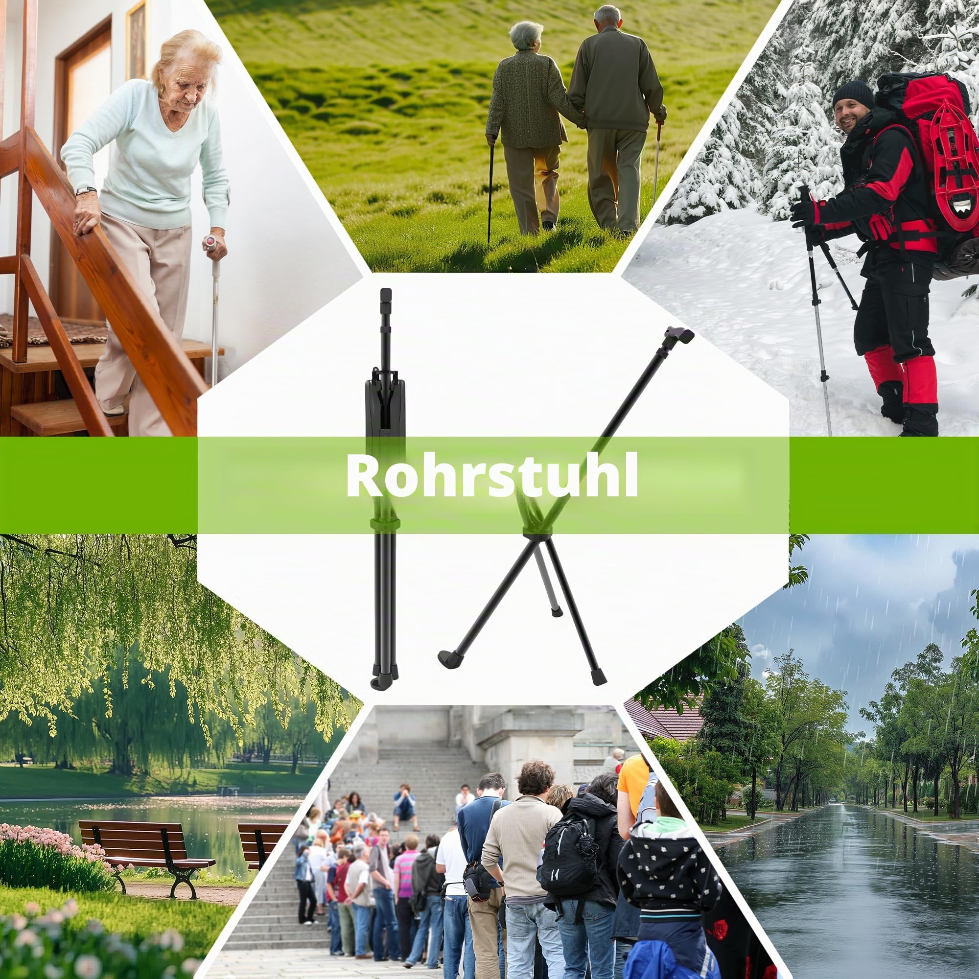 Tragbarer Gehstock mit Sitz, verstellbarer Gehstock mit Sitz, faltbar, leicht, Aluminium, rutschfest, für Erwachsene, 250 kg, Gehstock, Stuhl für Reisen, Wandern, mit Tragetasche