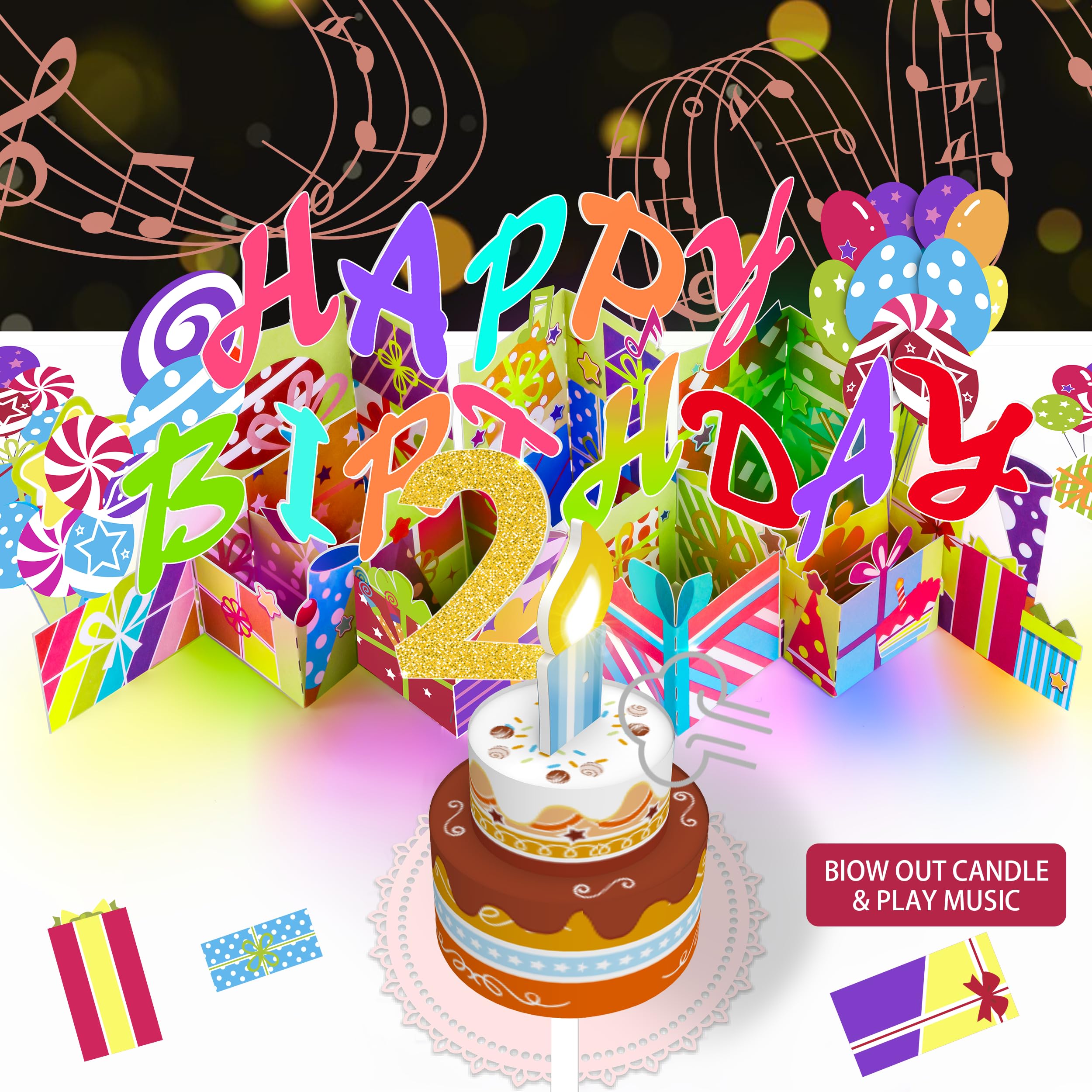 Gumry Musical Blowing Happy Birthday Card with LED Light, 2nd Birthday Decorations, Birthday Gift for Girls, Boys, Toddlers, Sons, Daughters — image 1