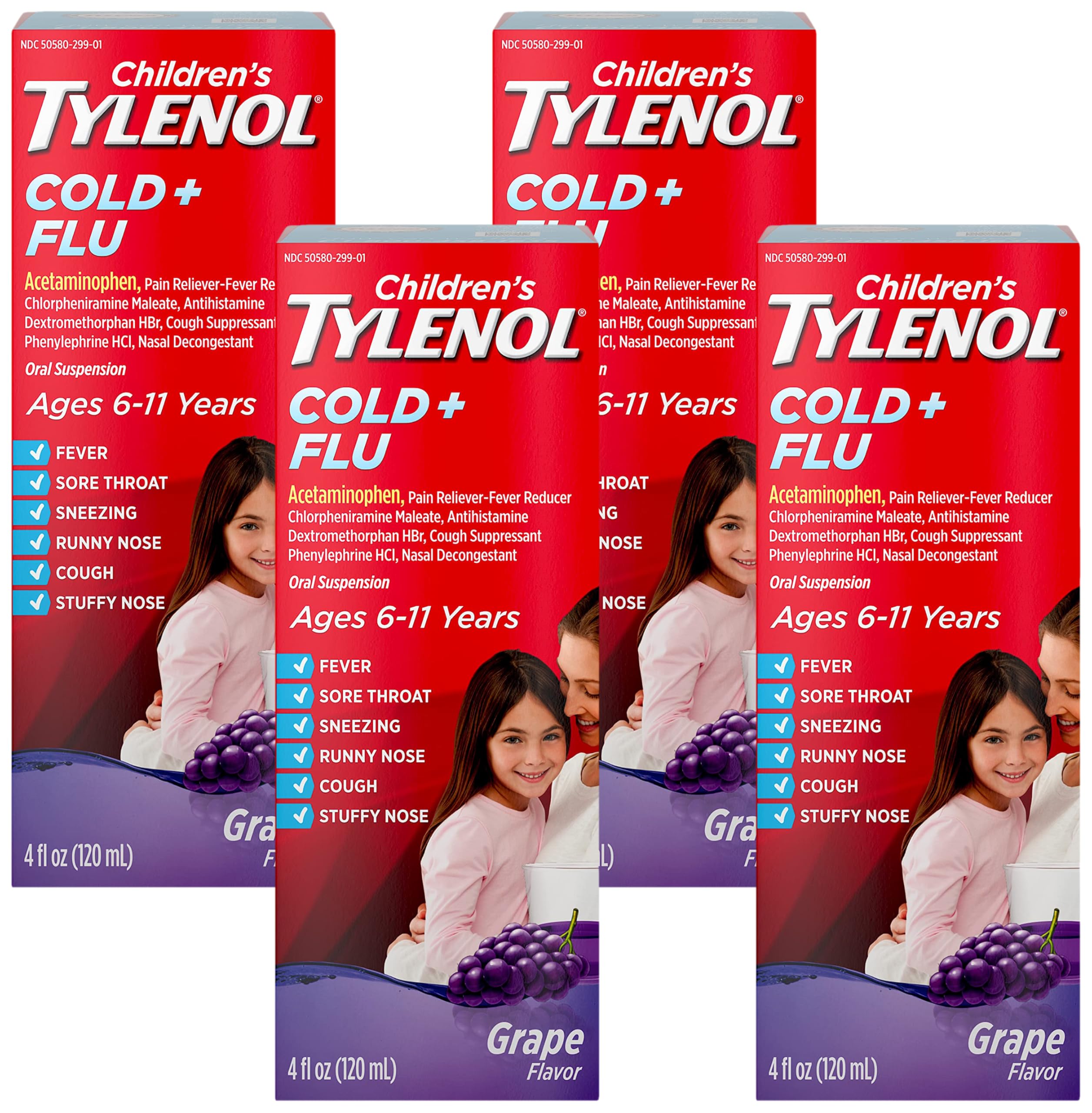 Tylenol Children's Cold &amp; Flu Liquid Oral Suspension Kids' Cold &amp; Flu Medicine, Pain Reliever, Fever Reducer, Cough Suppressant &amp; Decongestant, Grape Flavor, 4 fl. oz (Pack of 4)