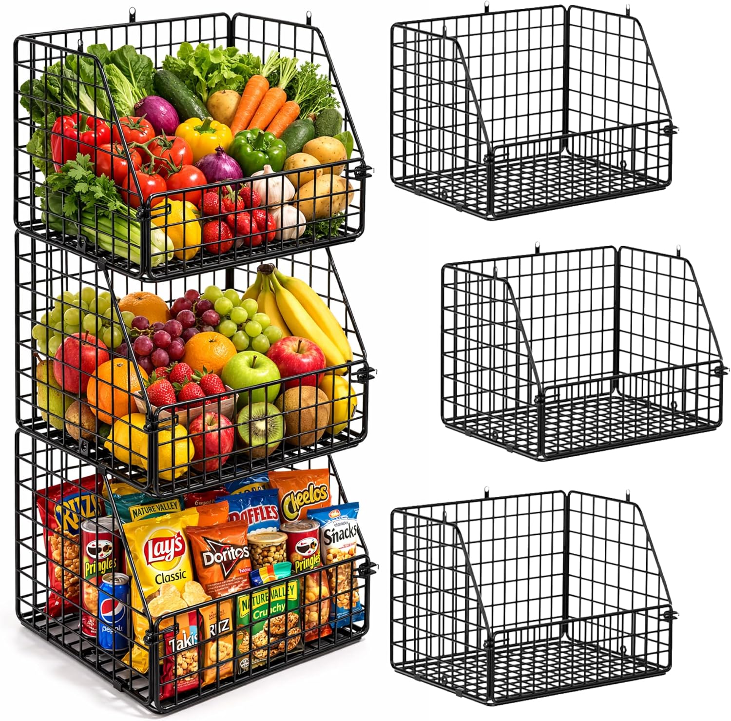 3-Tier Wall Hanging Fruit Baskets for Kitchen Organizing Fruits and Vegetables, Heavy-Duty Wall Basket for Storage, Wire Hanging Fruit Basket for Kitchen & Pantry
